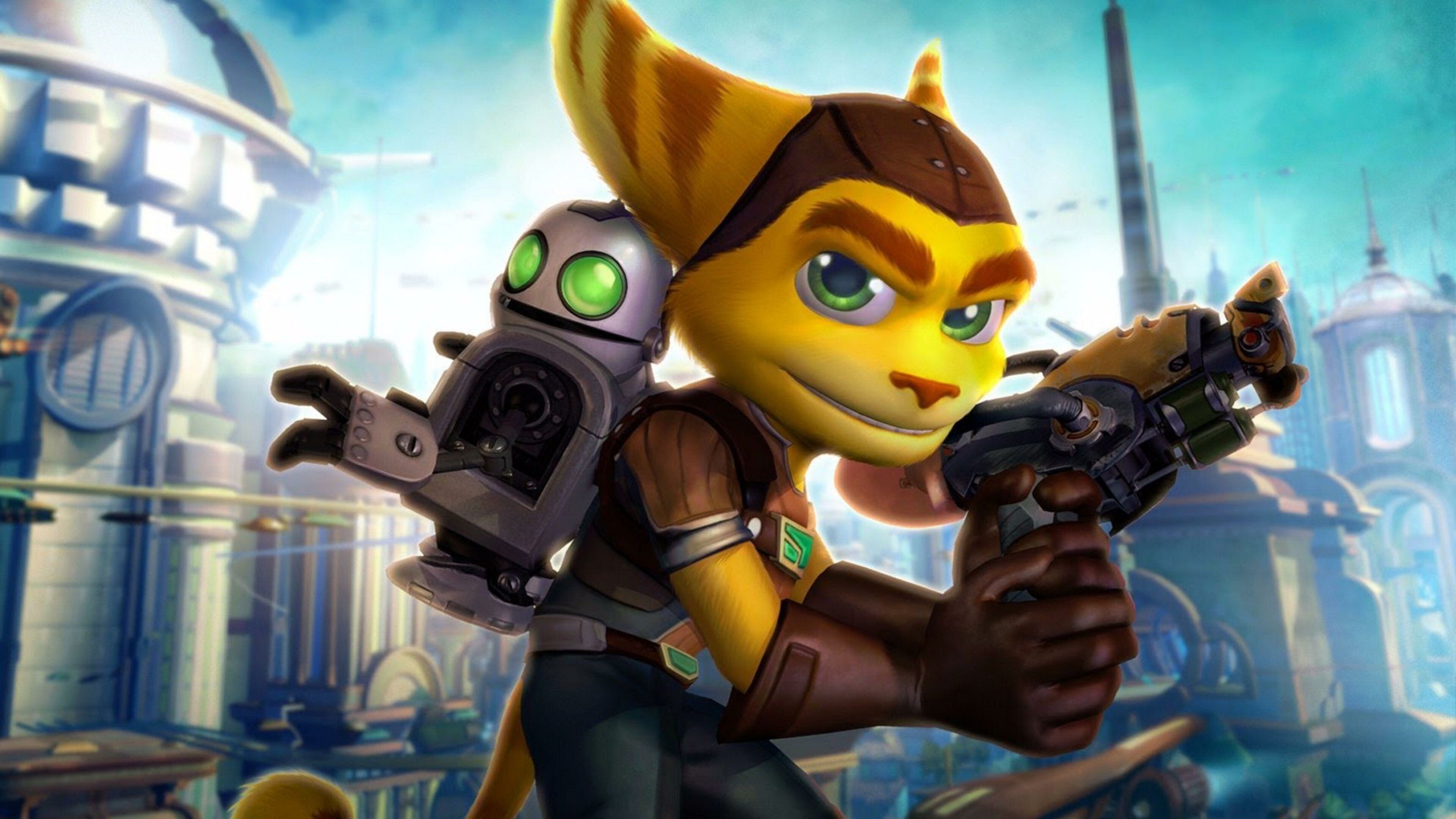 Ratchet and Clank: Rift Apart: A fox-like character, Accompanied by his robotic friend who is hung on his back. 3840x2160 4K Wallpaper.