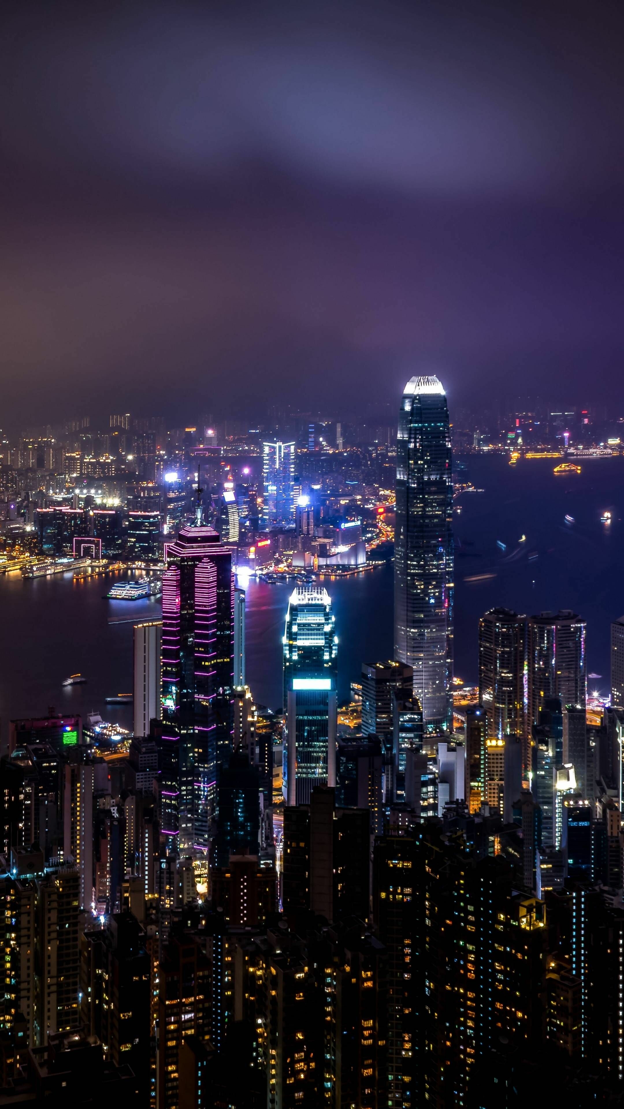 Hong Kong: Skyscrapers, City lights at night, HKSAR. 2160x3840 4K Wallpaper.