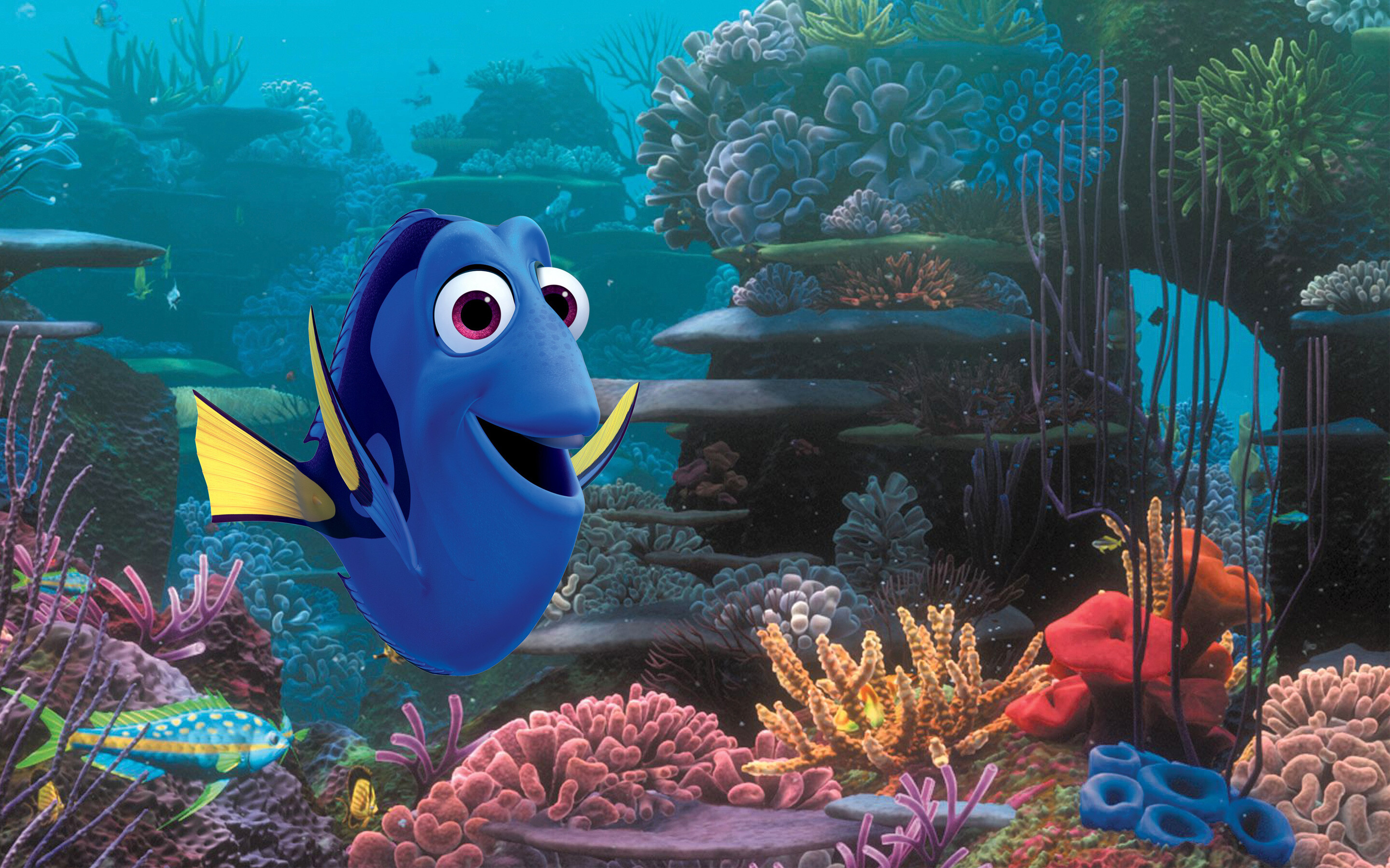 Finding Dory: A wide-eyed, blue tang fish who suffers from memory loss every 10 seconds or so. 2880x1800 HD Background.
