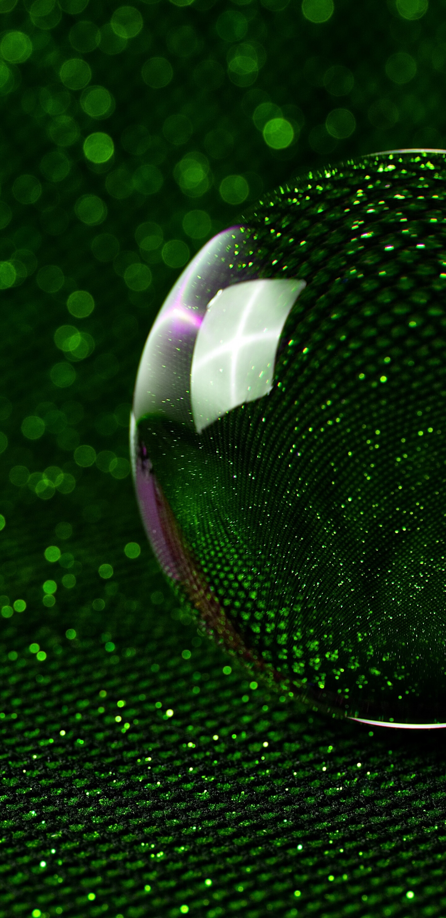 Glass: Sphere, 3d, Green glitter, A non-crystalline often transparent amorphous solid. 1440x2960 HD Background.
