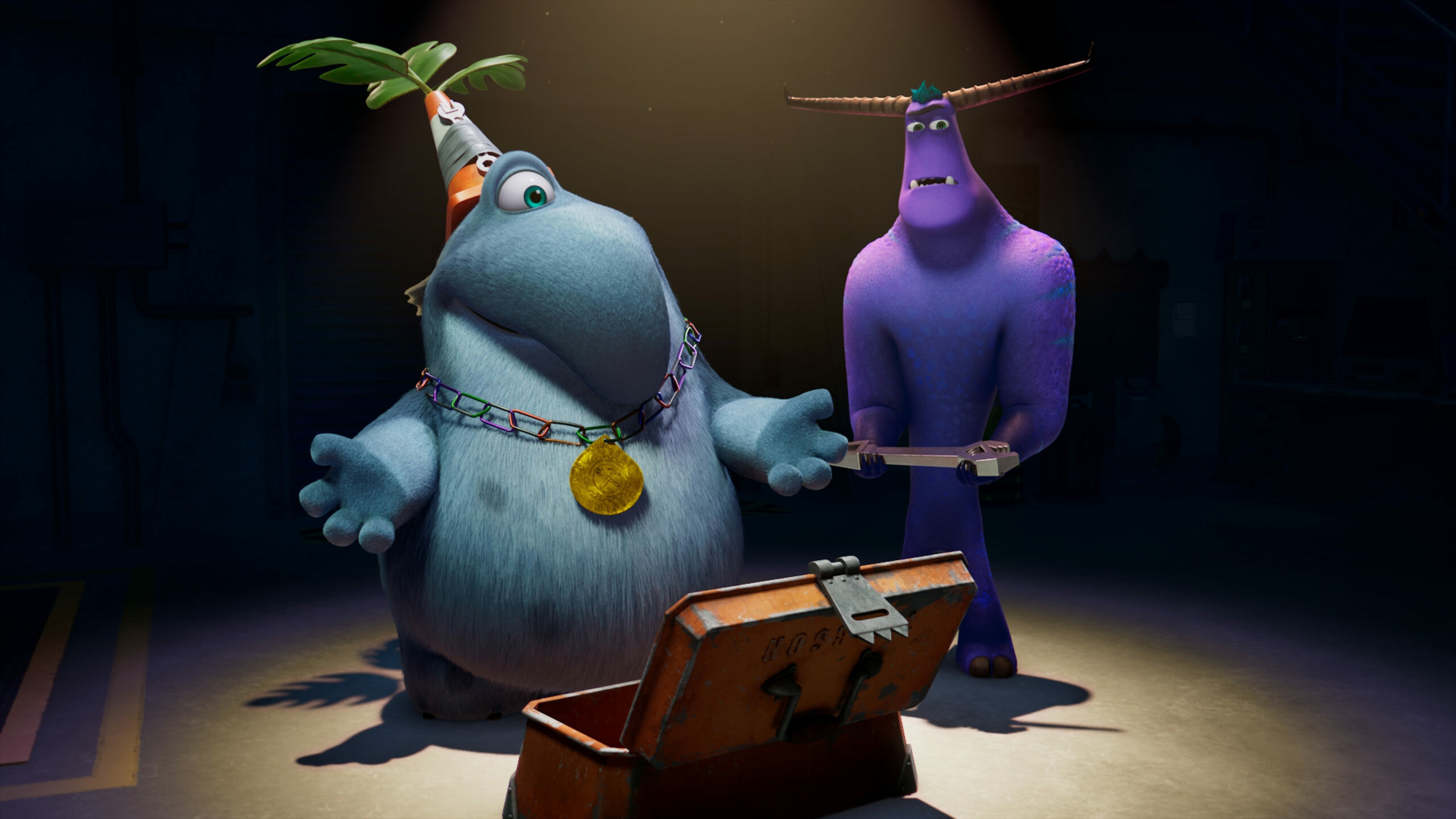 Monsters at Work: Fritz, voiced by Henry Winkler, Tylor Tuskmon, voiced by Ben Feldman. 2560x1440 HD Wallpaper.