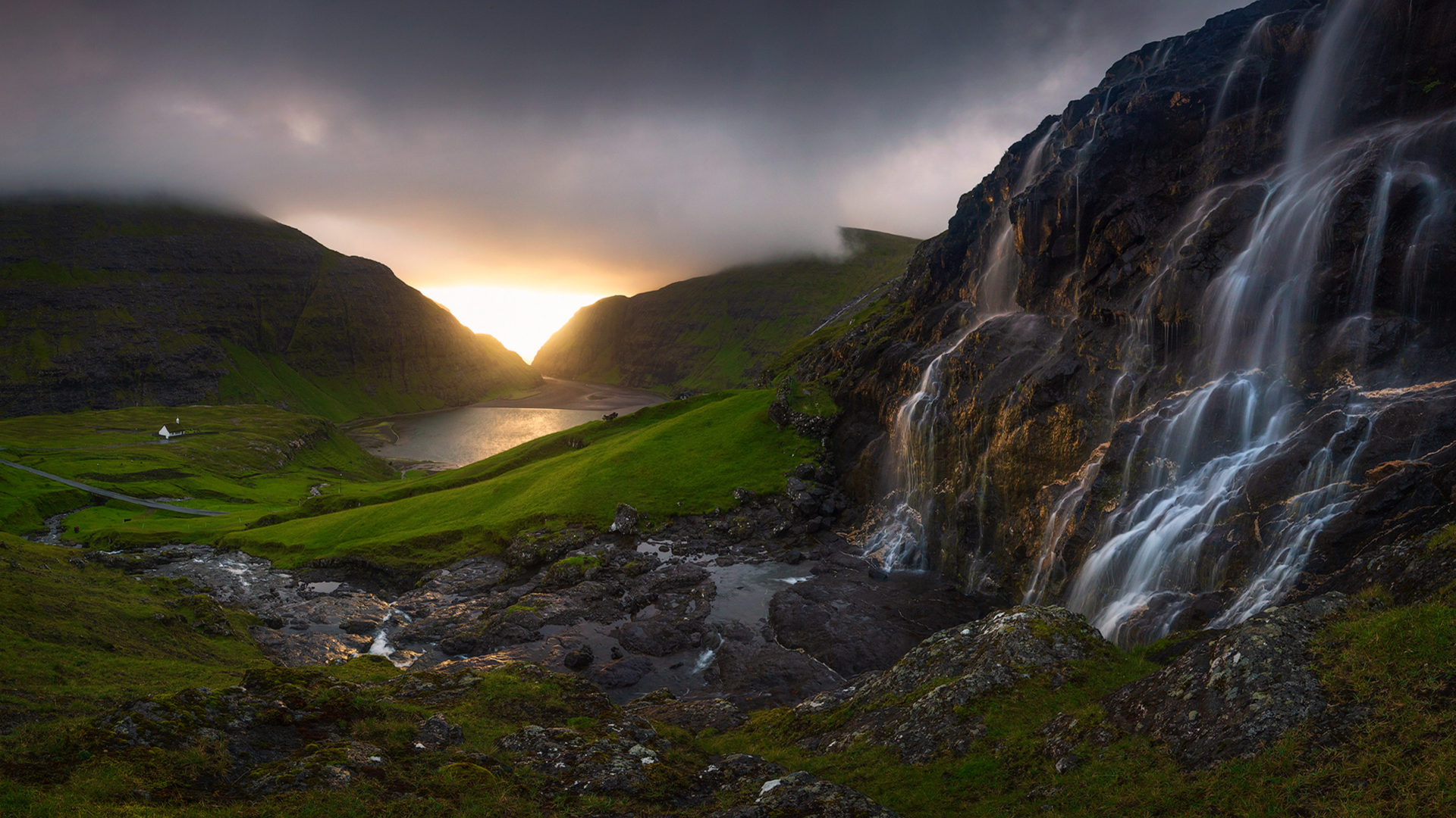 Faroe Islands, Sunset waterfall, Panoramic views, Desktop wallpaper, 1920x1080 Full HD Desktop
