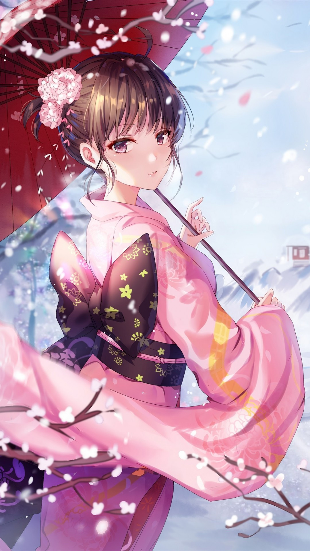 Ryougi Shiki, Kimono umbrella, Cherry blossom, Fate Grand Order, 1080x1920 Full HD Phone