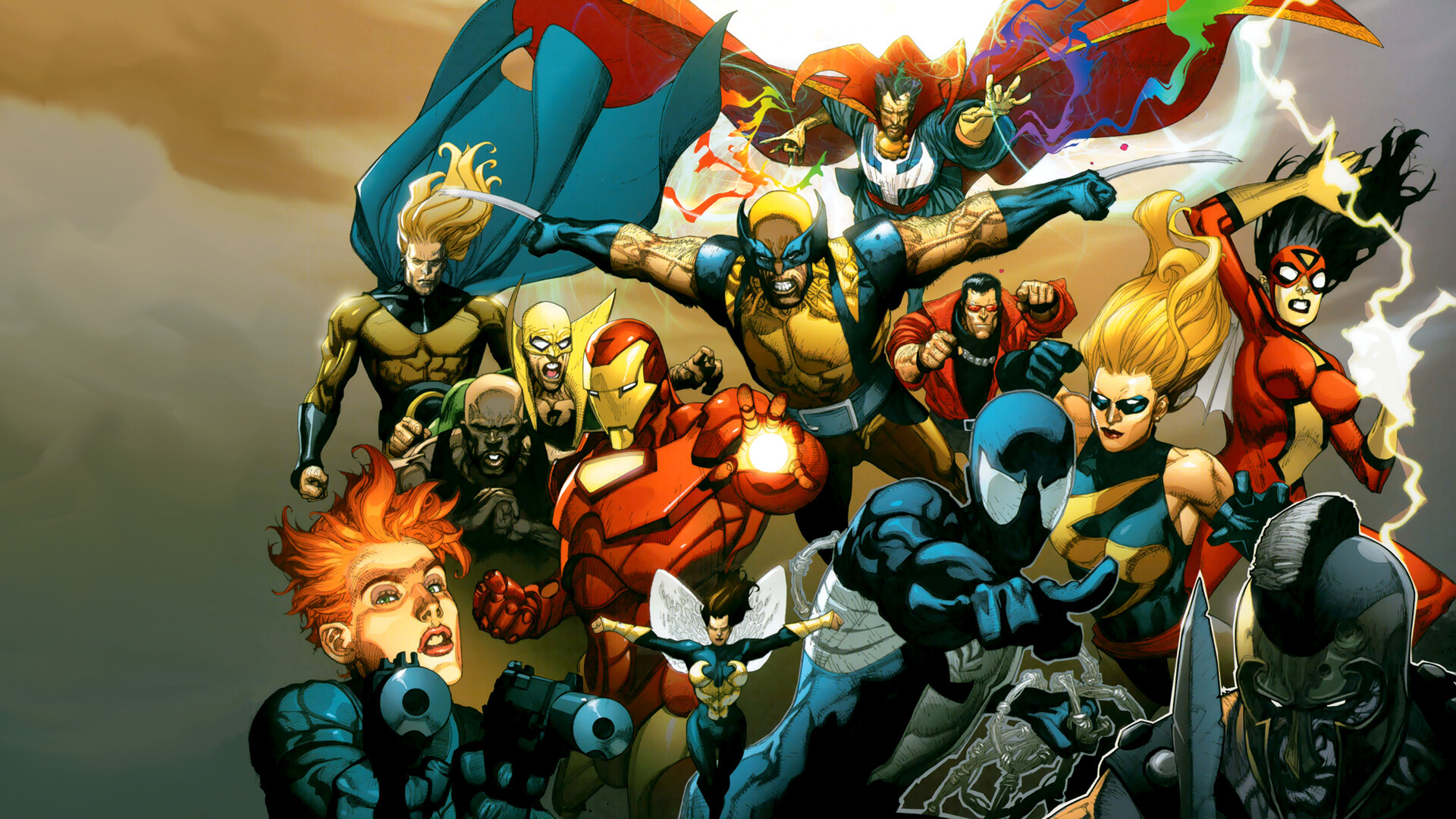 Marvel: Iron Man, Wolverine, Venom, X-Men, Dr. Strange, Wasp. 1920x1080 Full HD Wallpaper.