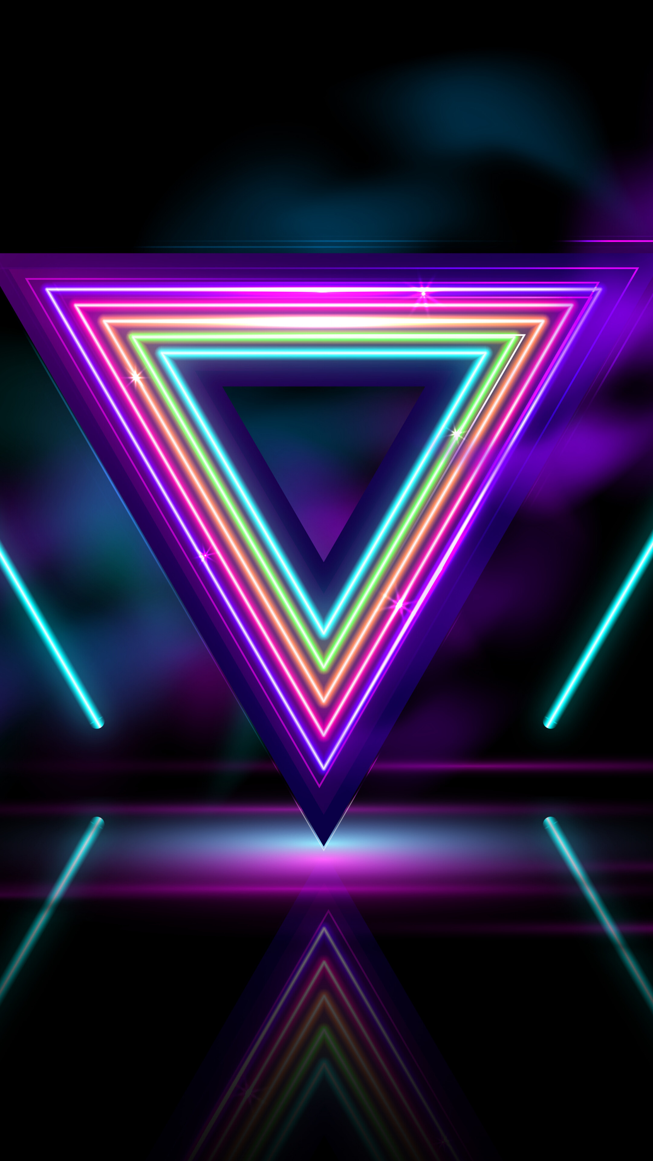 Geometric Abstract: Neon lights, Triangles, Dark, Multicolored. 2160x3840 4K Wallpaper.