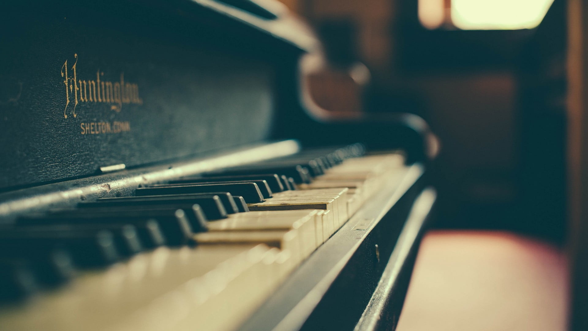 Grand Piano: Huntington, Keyboard instrument in which the strings, soundboard, and mechanical part are arranged horizontally. 1920x1080 Full HD Background.