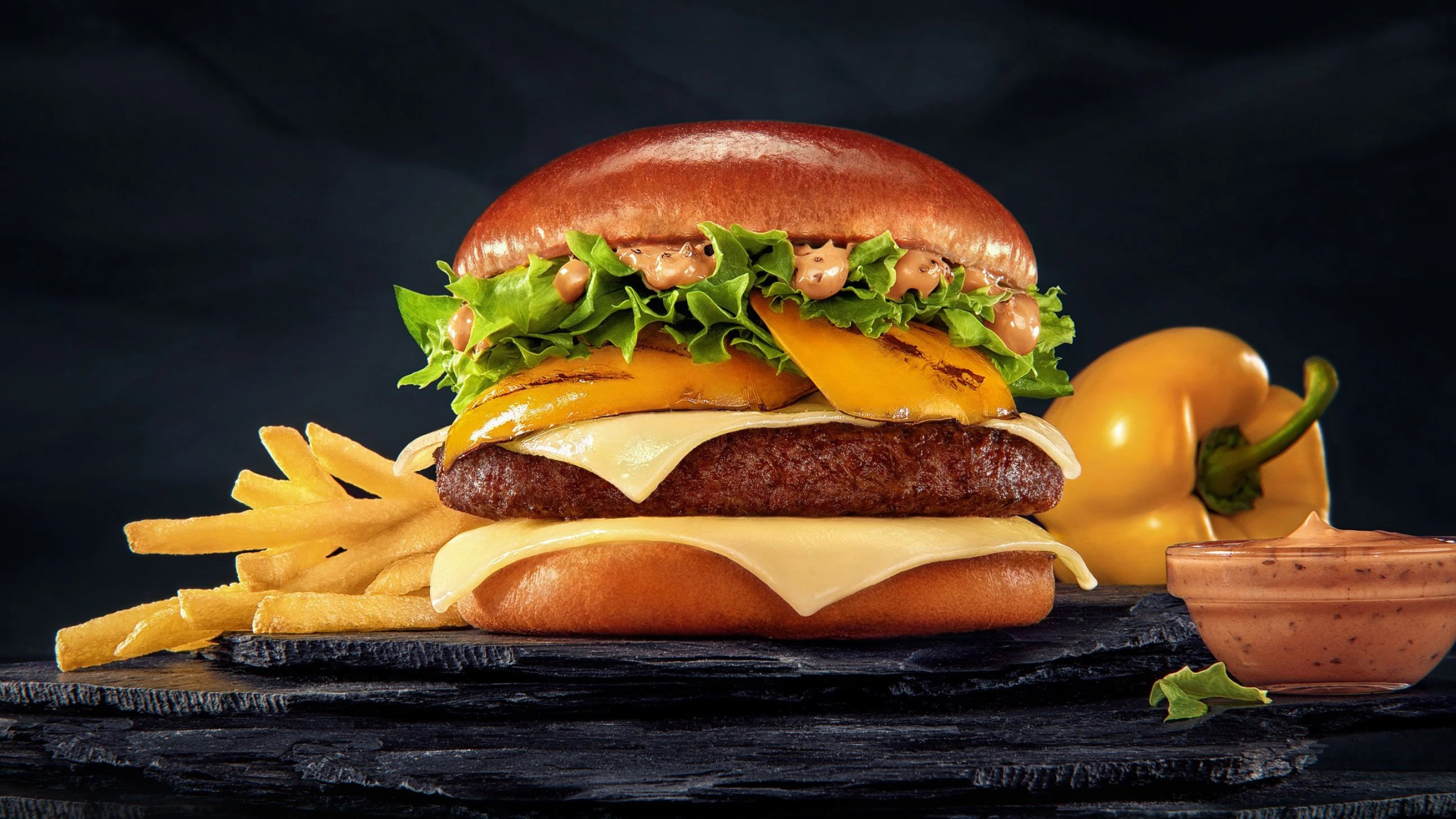 Hamburger: Fries, A symbol of American cuisine, Staple food. 2880x1620 HD Wallpaper.