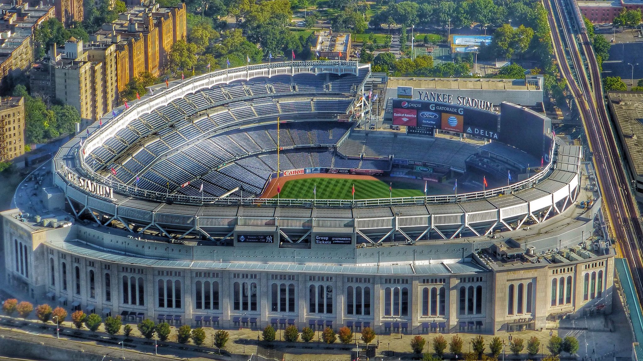 Yankee Stadium aerial, Urban sports complex, New York Cityscape, Baseball panorama, Vast audience, 2050x1160 HD Desktop