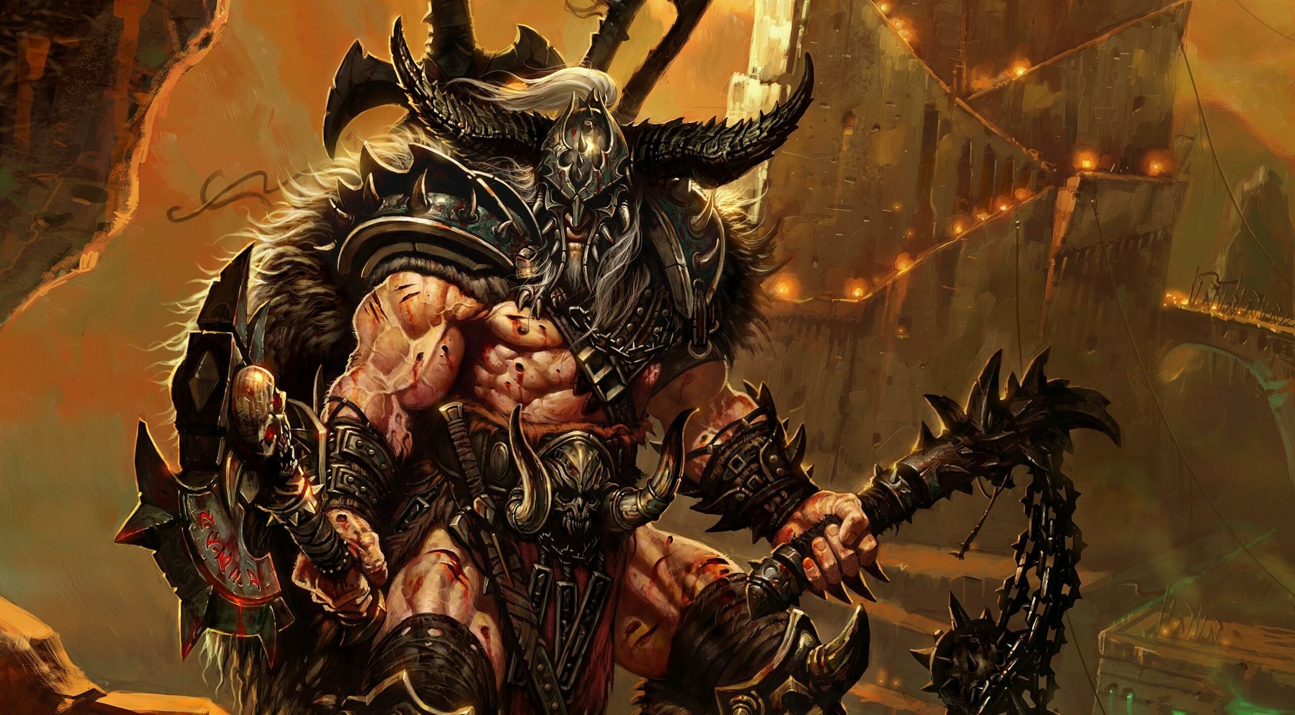 Diablo: Barbarians, Savage wanderers who never flinch from close-quarters combat. 2560x1420 HD Wallpaper.