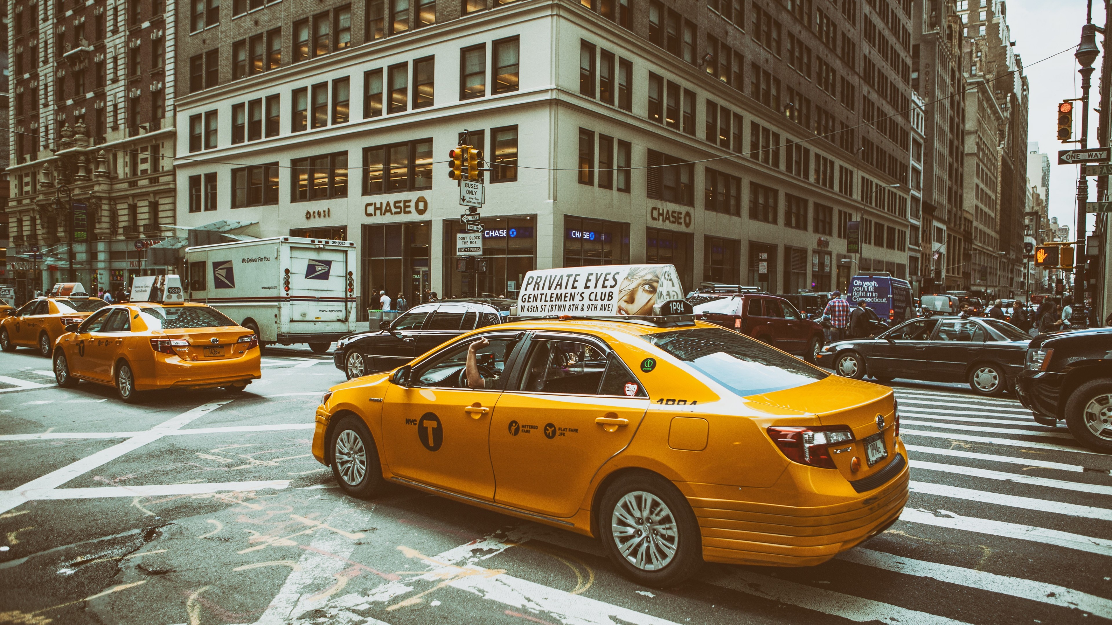 Taxi: Yellow Medallion taxis, Midtown Manhattan, New York City, Traffic. 3840x2160 4K Background.