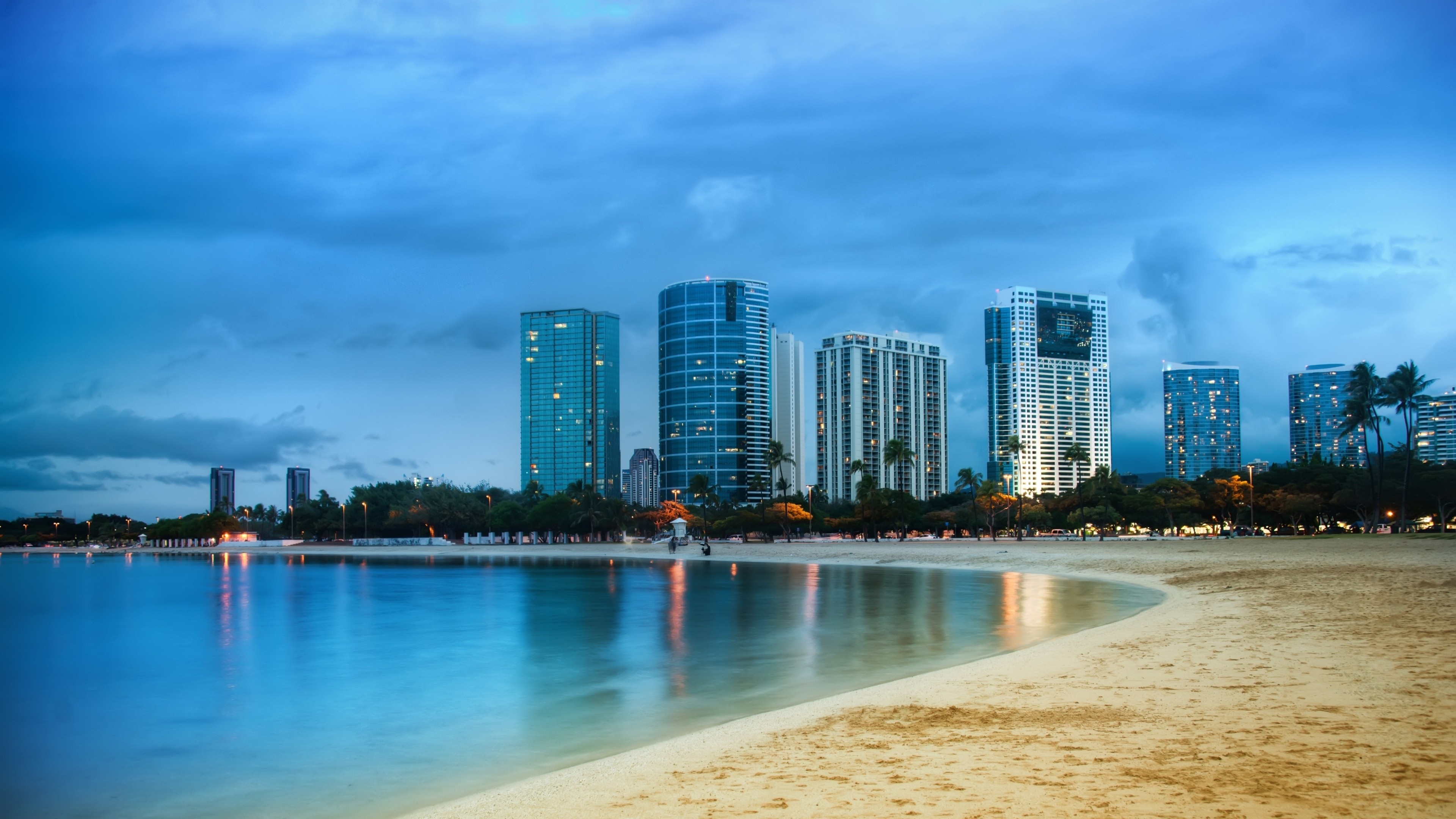 Miami Beach Skyline, Ocean shore, Palm trees, 3840x2160 4K Desktop