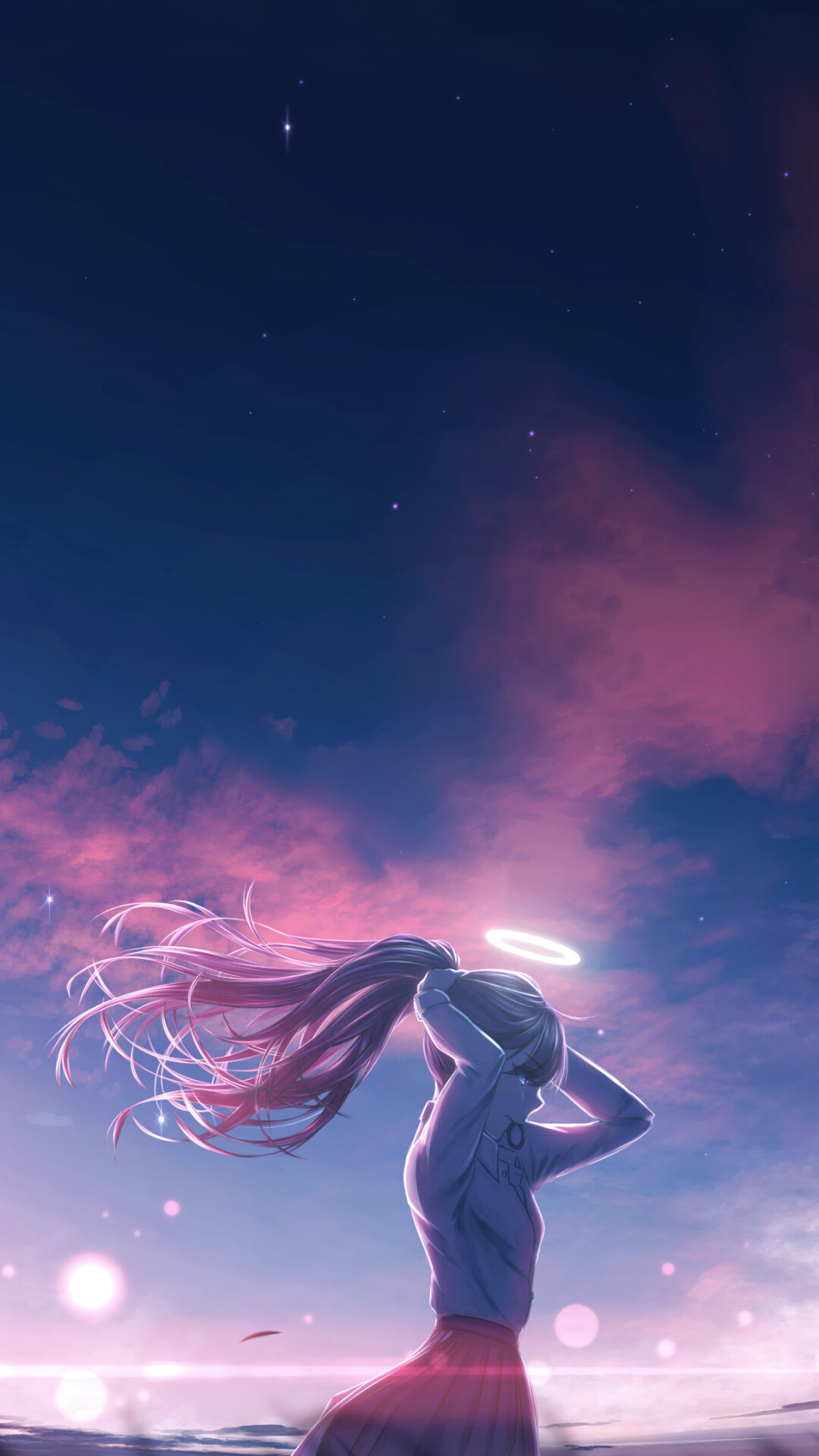 Girly: Night sky, Shining lights, Japanese anime character, The girl with long hair. 1080x1920 Full HD Background.