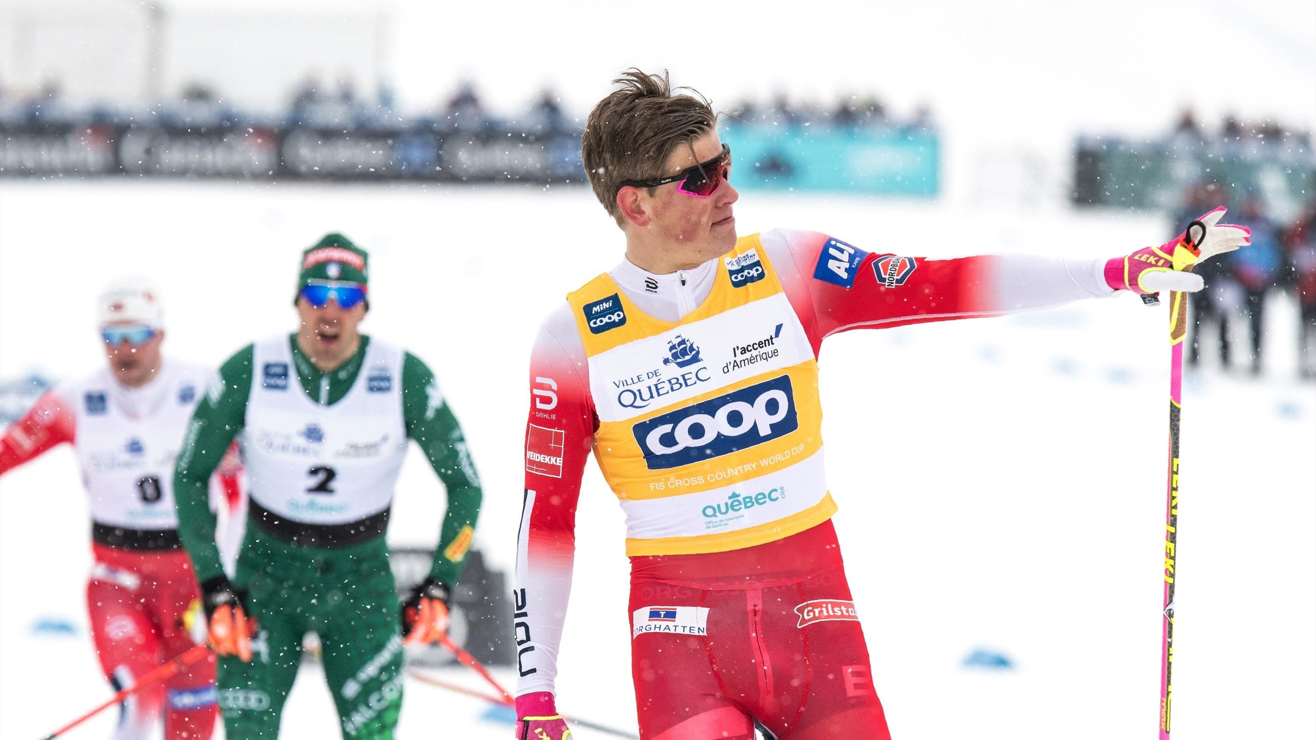 Johannes Hoesflot Klaebo, Cross-country skiing champion, Dramatic finish, Eurosport coverage, 2560x1440 HD Desktop