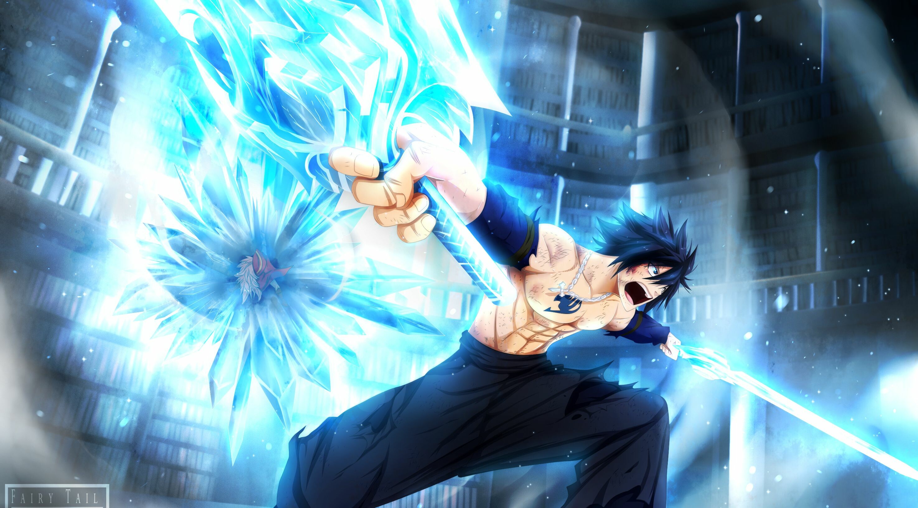 Fairy Tail: Gray Fullbuster, inherits Ice Demon Slayer Magic from his reanimated father, Silver. 2950x1640 HD Background.