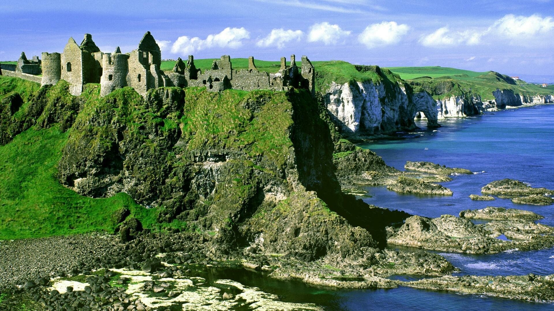 Northern Ireland: Dunluce Castle, Lough Neagh is the largest freshwater lake in the British Isles. 1920x1080 Full HD Wallpaper.