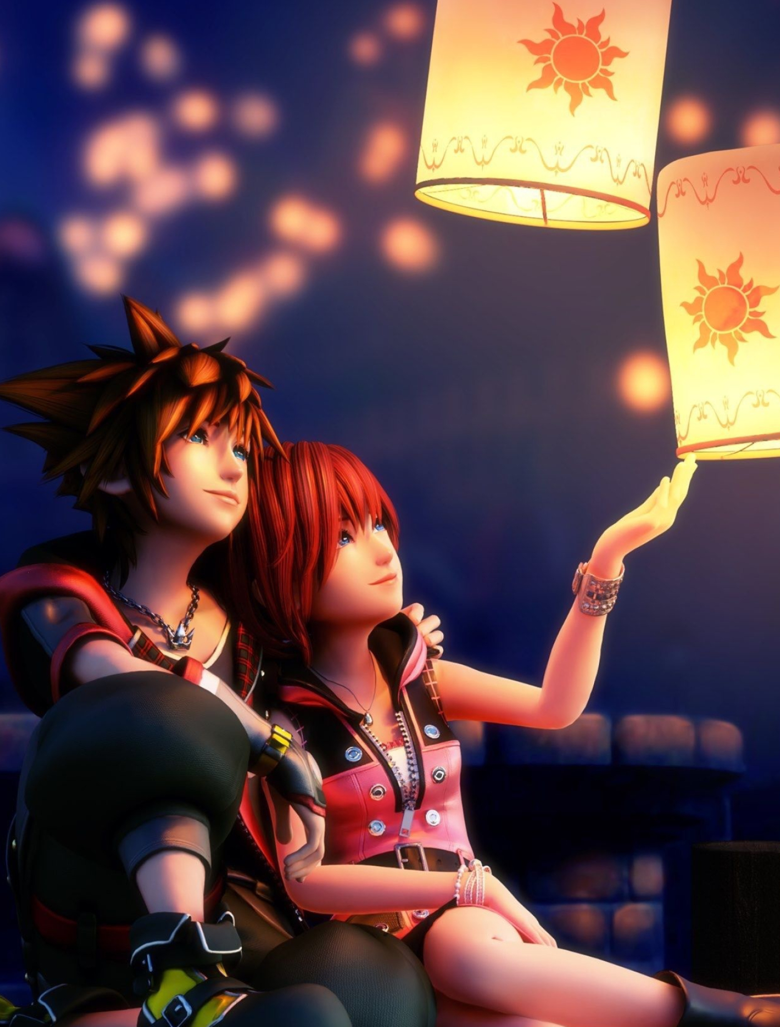 Sora and Kairi, Floating lanterns scene, Kingdom Hearts, Beautiful moment, 1560x2050 HD Phone