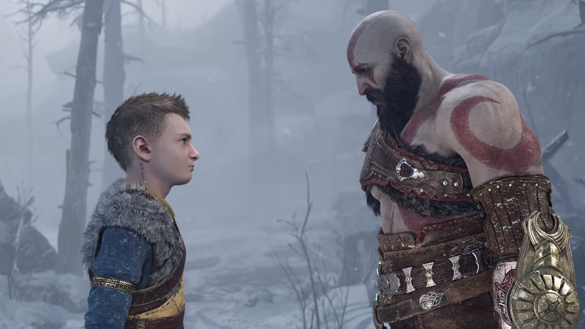 God of War: Ragnarok: The main protagonists are Kratos and his teenage son, Atreus. 1920x1080 Full HD Wallpaper.