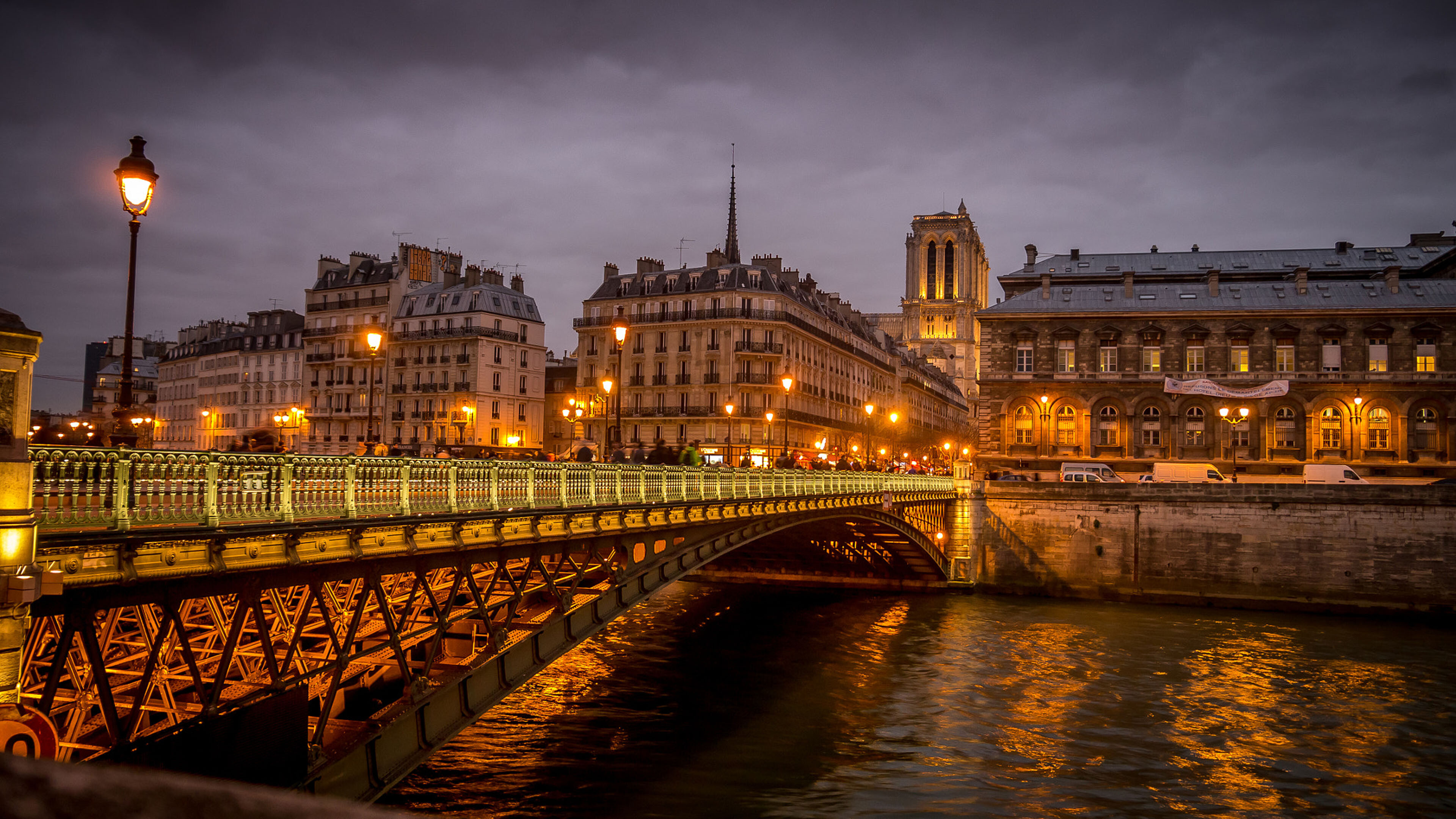 France: Paris, Pont D'arcole At Night, Cityscape, Streetlight. 3840x2160 4K Background.