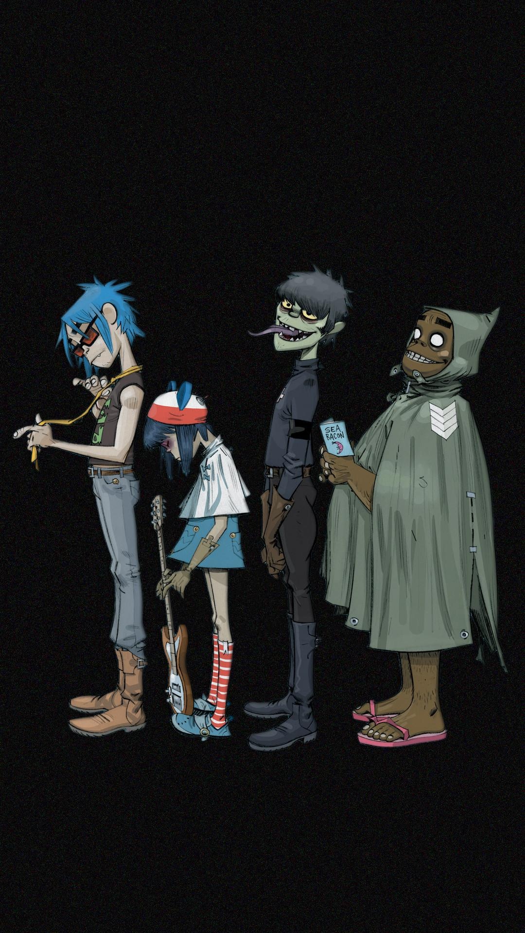 Gorillaz: Virtual group known for variety and genre blending, 2D, Murdoc, Noodle and Russel. 1080x1920 Full HD Background.