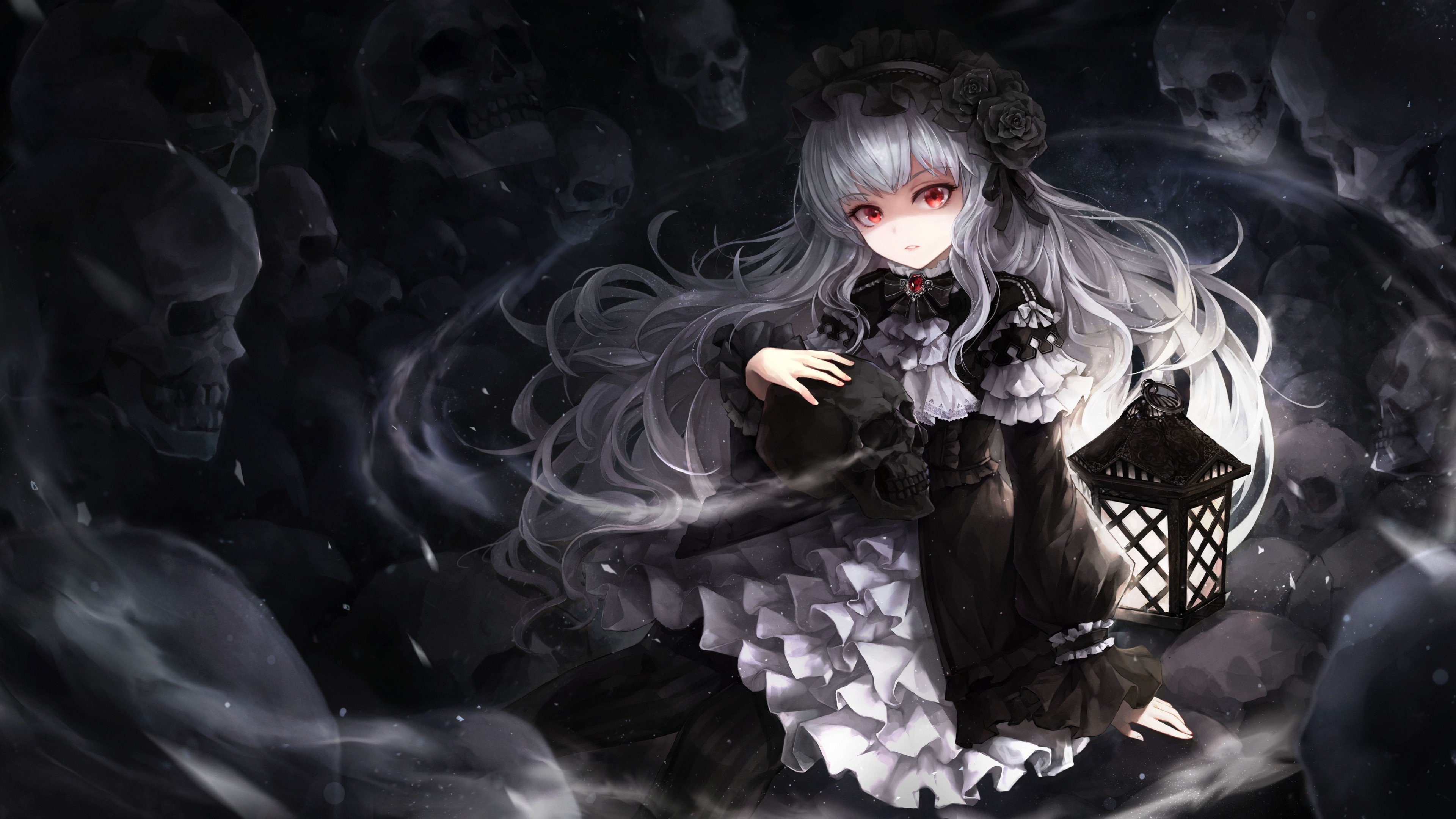 Gothic Anime: Dark art, Girl with sculls, Lantern, Mystic, Ominously, Death. 3840x2160 4K Wallpaper.