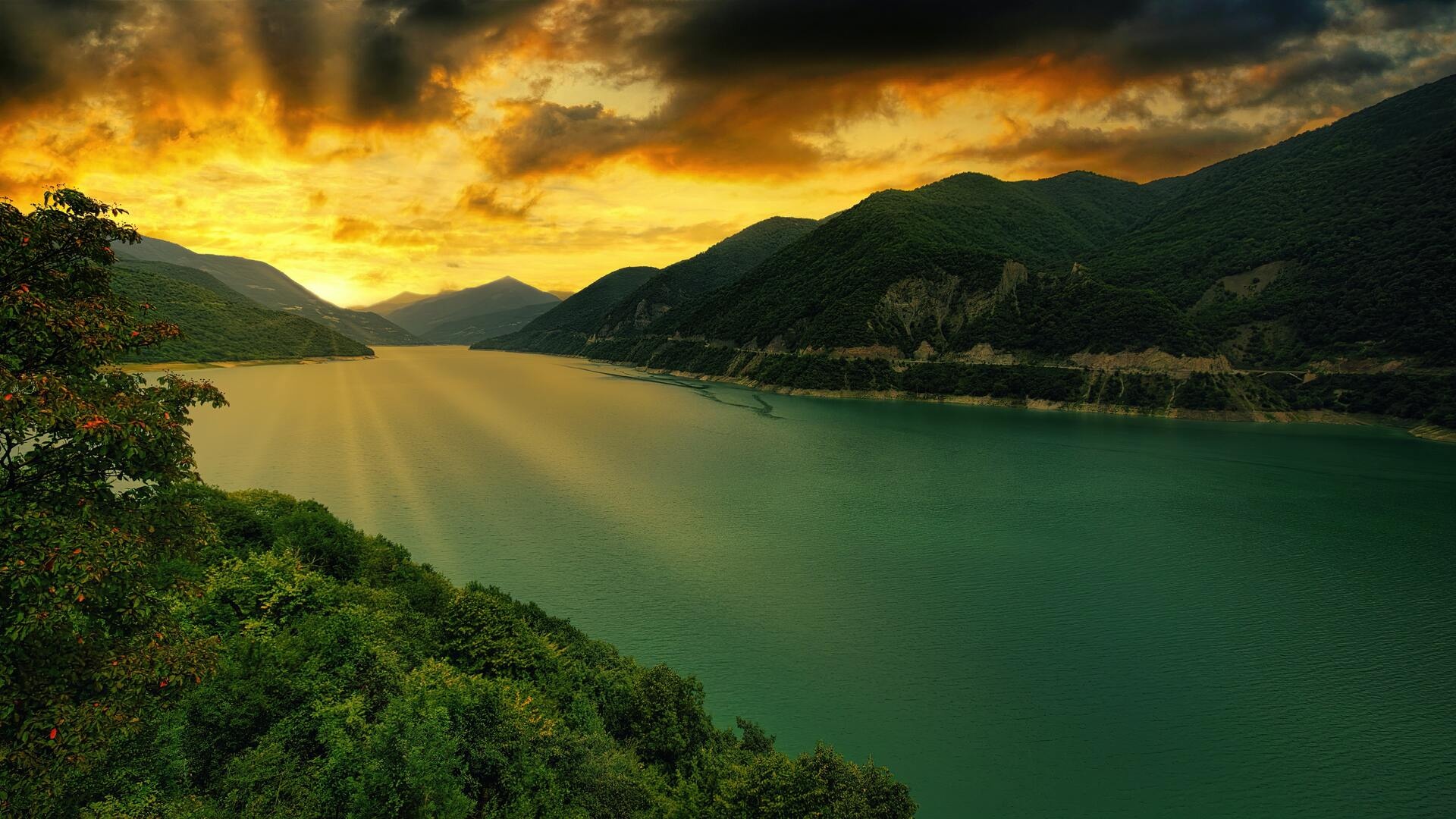Zhinvali reservoir, Natural beauty, Majestic mountains, Serene waters, 1920x1080 Full HD Desktop