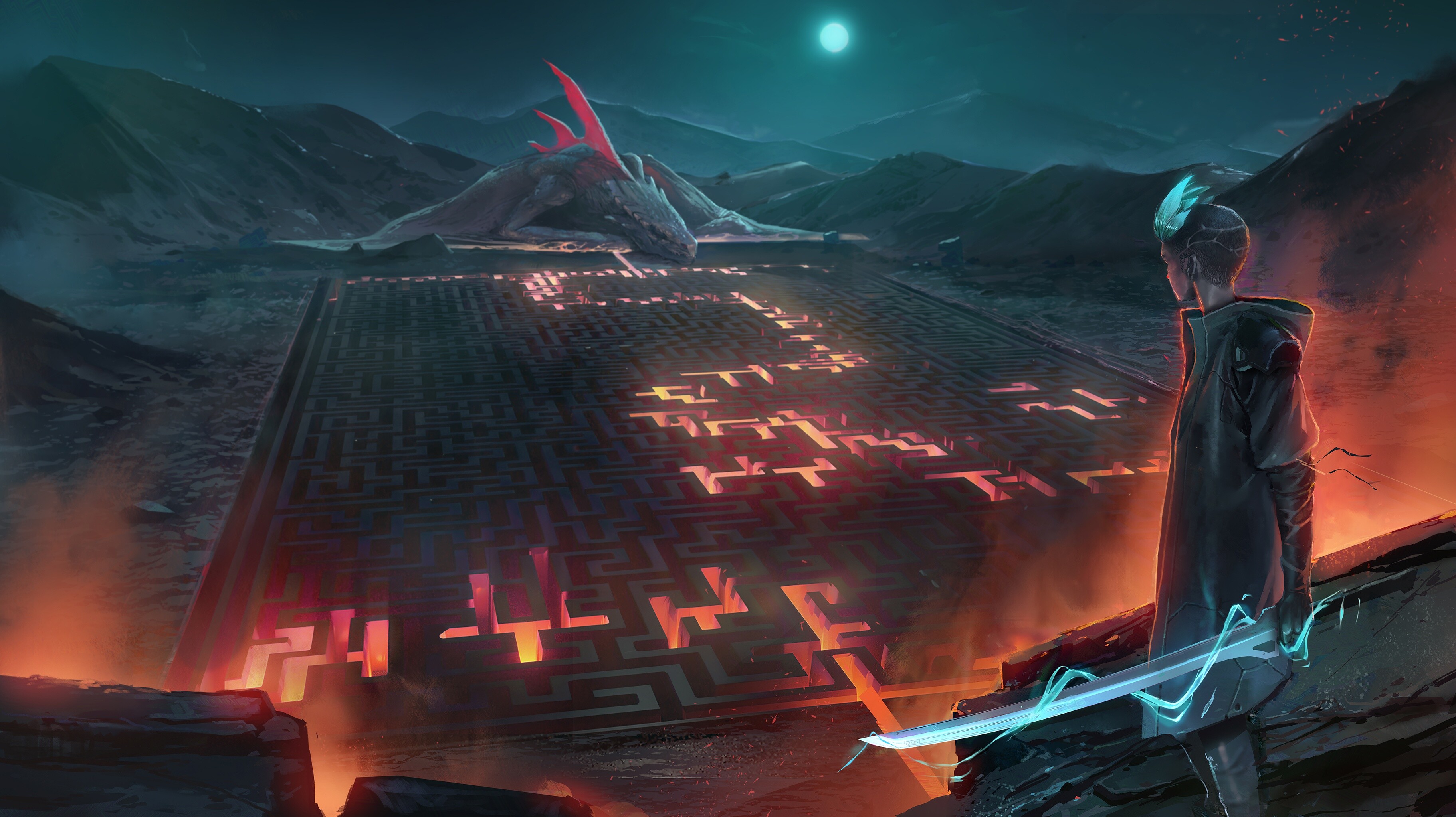 Labyrinth: Has a large central area with a number of pathways leading out from it. 3650x2050 HD Background.