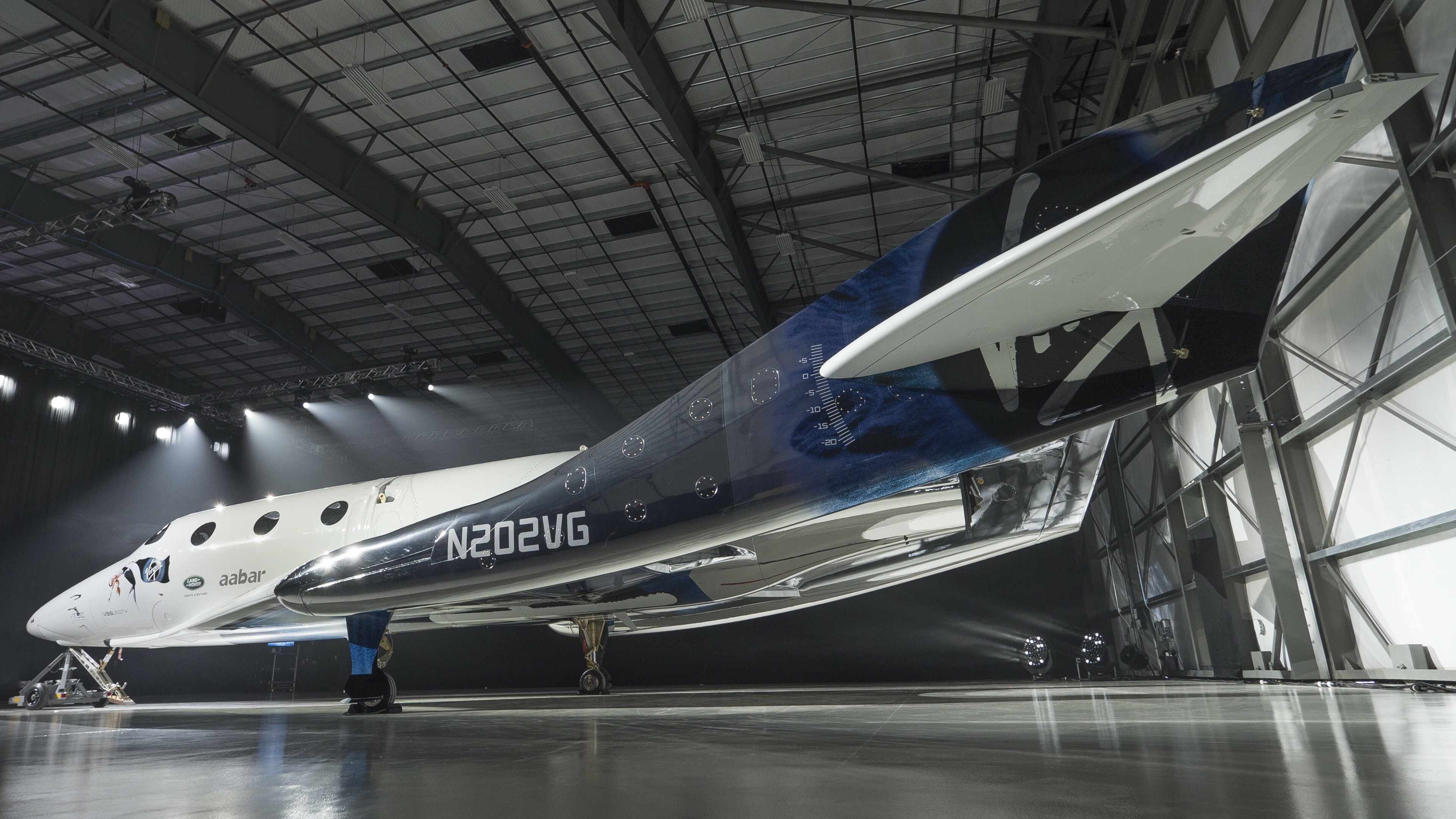 Virgin Galactic: VSS Unity, A SpaceShipTwo-class suborbital rocket-powered crewed spaceplane. 3840x2160 4K Background.