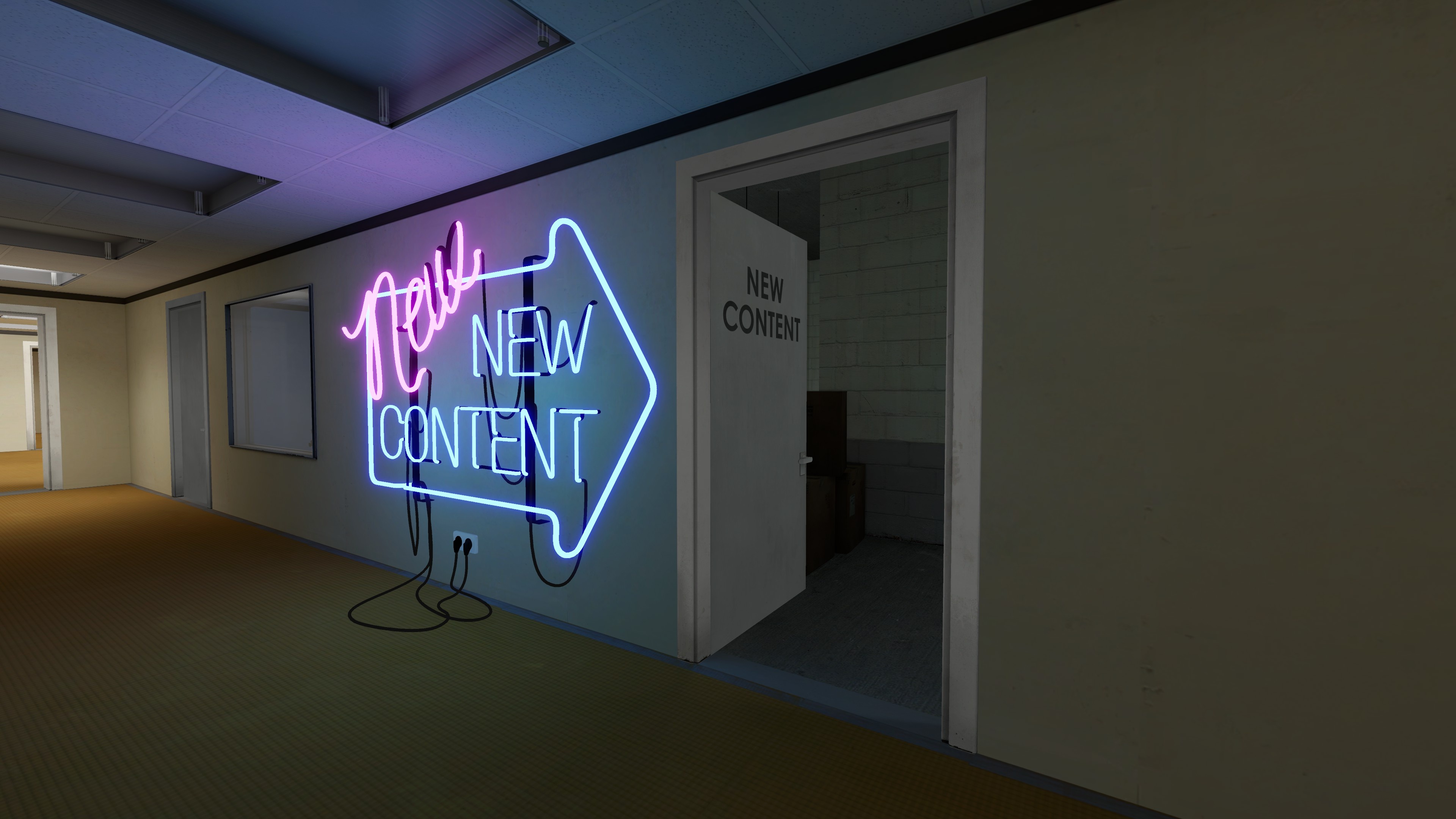 The Stanley Parable Ultra Deluxe: The player discovers a new area of the game proclaiming "new content". 3840x2160 4K Background.