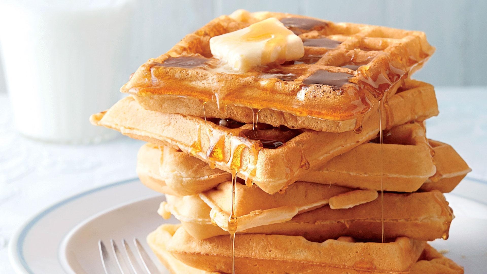 Waffle: Fluffy buttermilk waffles, A sweet breakfast food. 1920x1080 Full HD Background.