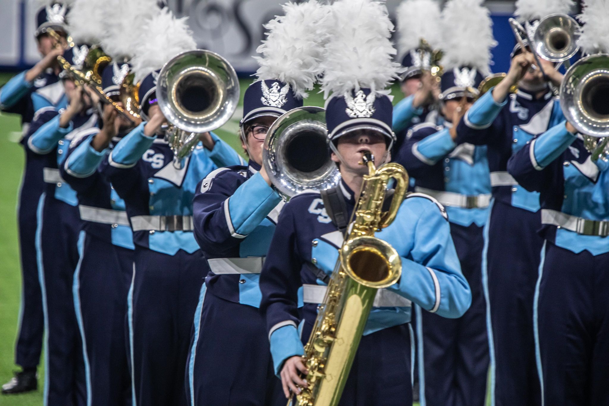 Marching Band: China Spring Cougar Band, Texas, A group of musicians that marches and plays music at the same time, Sports event. 2050x1370 HD Background.