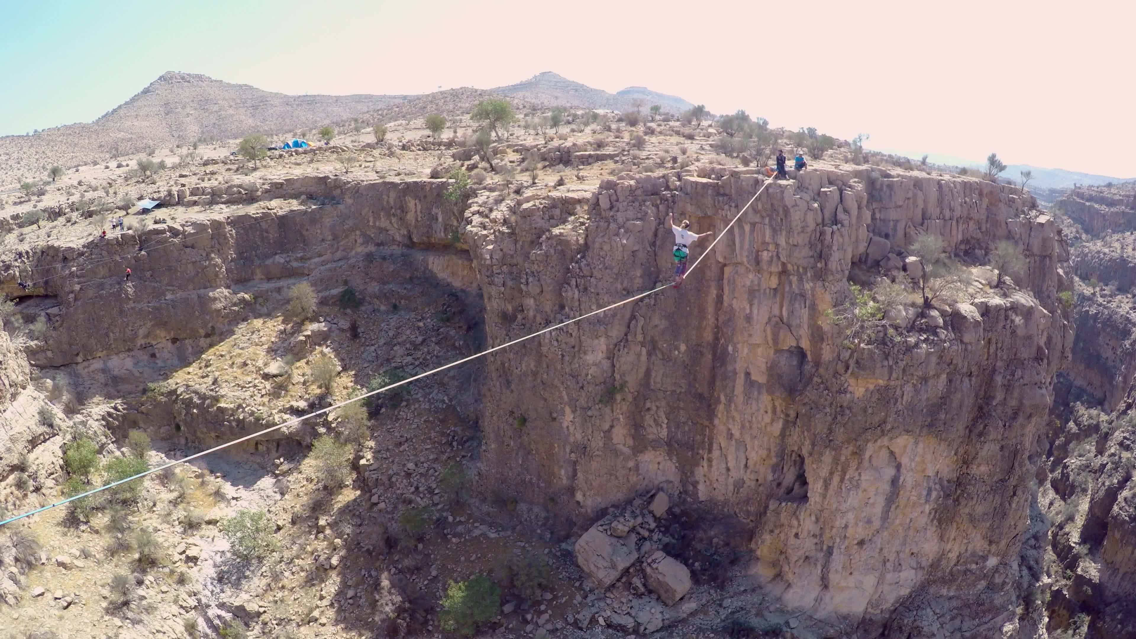 Slacklining: Extreme sports, Walking on a line through the Canyon. 3840x2160 4K Wallpaper.