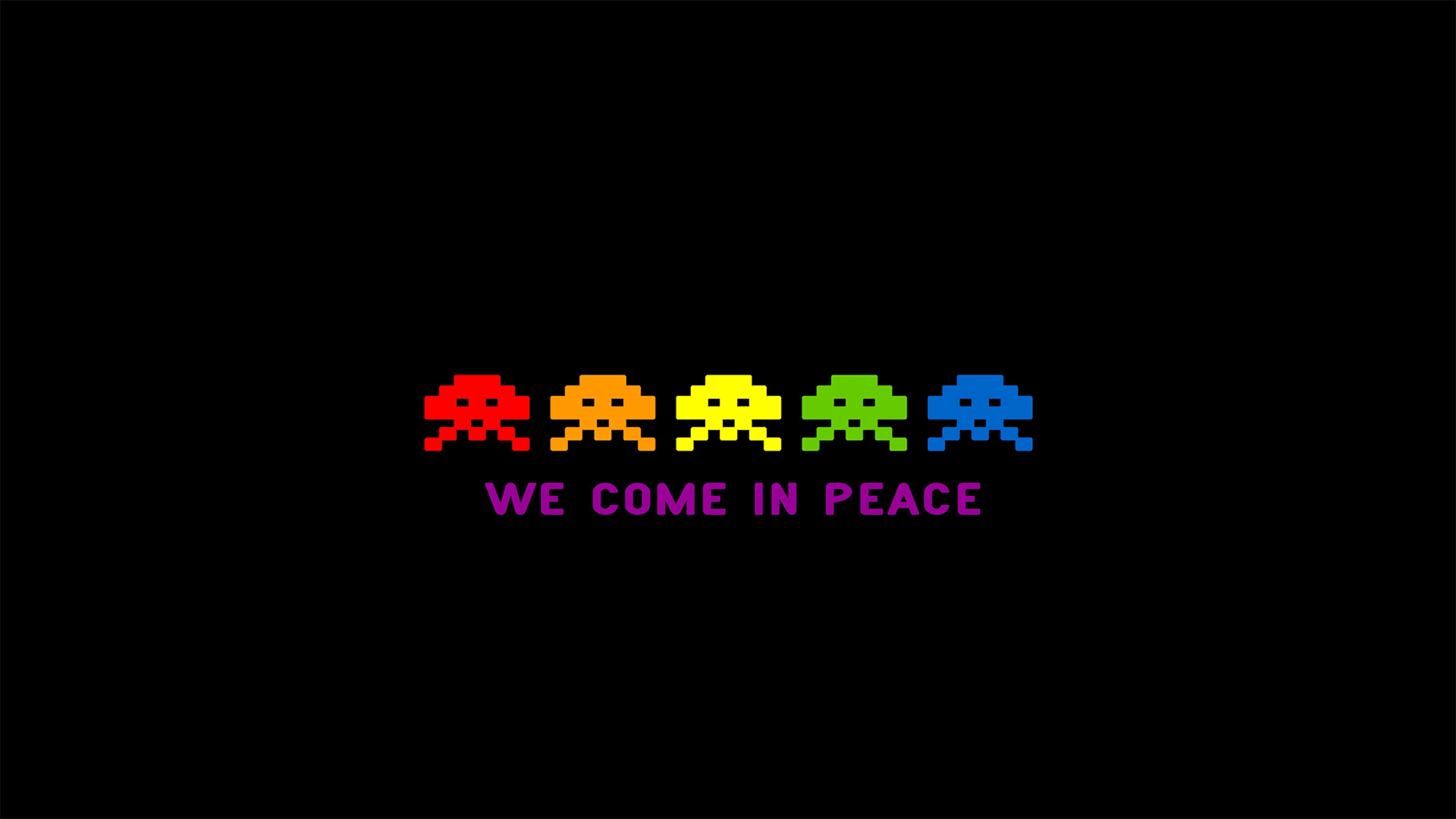 Geek: Space Invaders, We Come in Peace, Rainbow, Arcade games, Aliens. 3840x2160 4K Wallpaper.