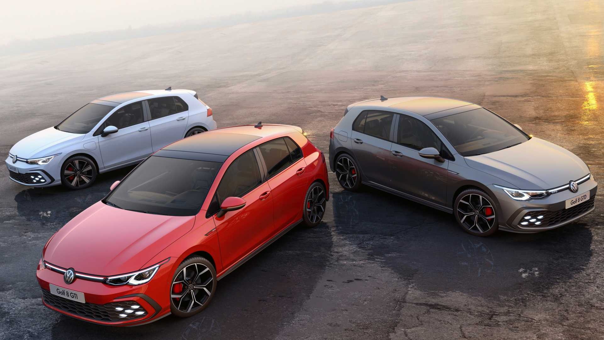 Golf GTI: 2021 VW, The Hot Hatch Trio, Has spawed two variants: the GTE and GTD, Sports cars. 1920x1080 Full HD Background.