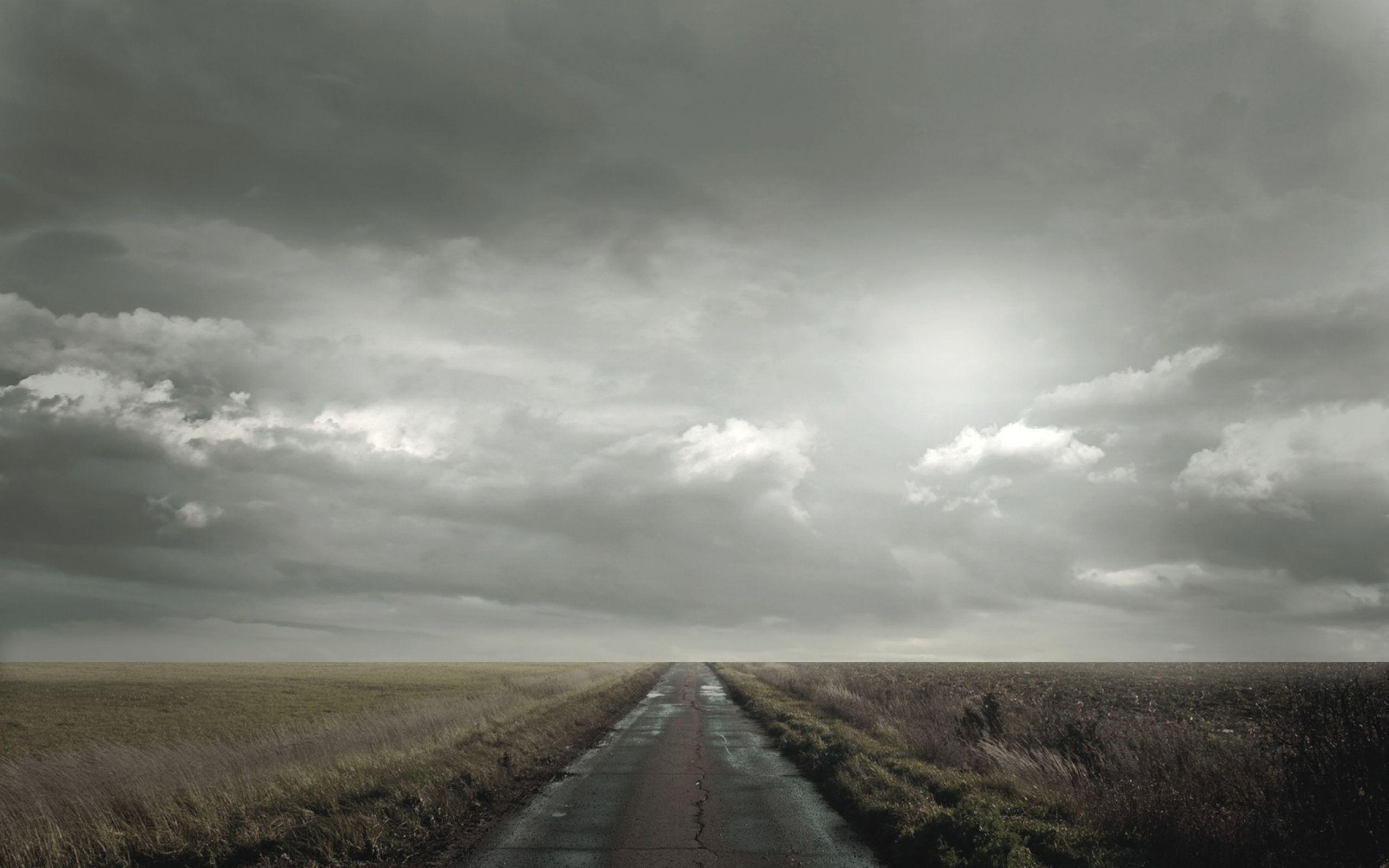 Gray Cloudy Sky: The road running away into the distance, Drizzly day, Grim weather. 2560x1600 HD Background.