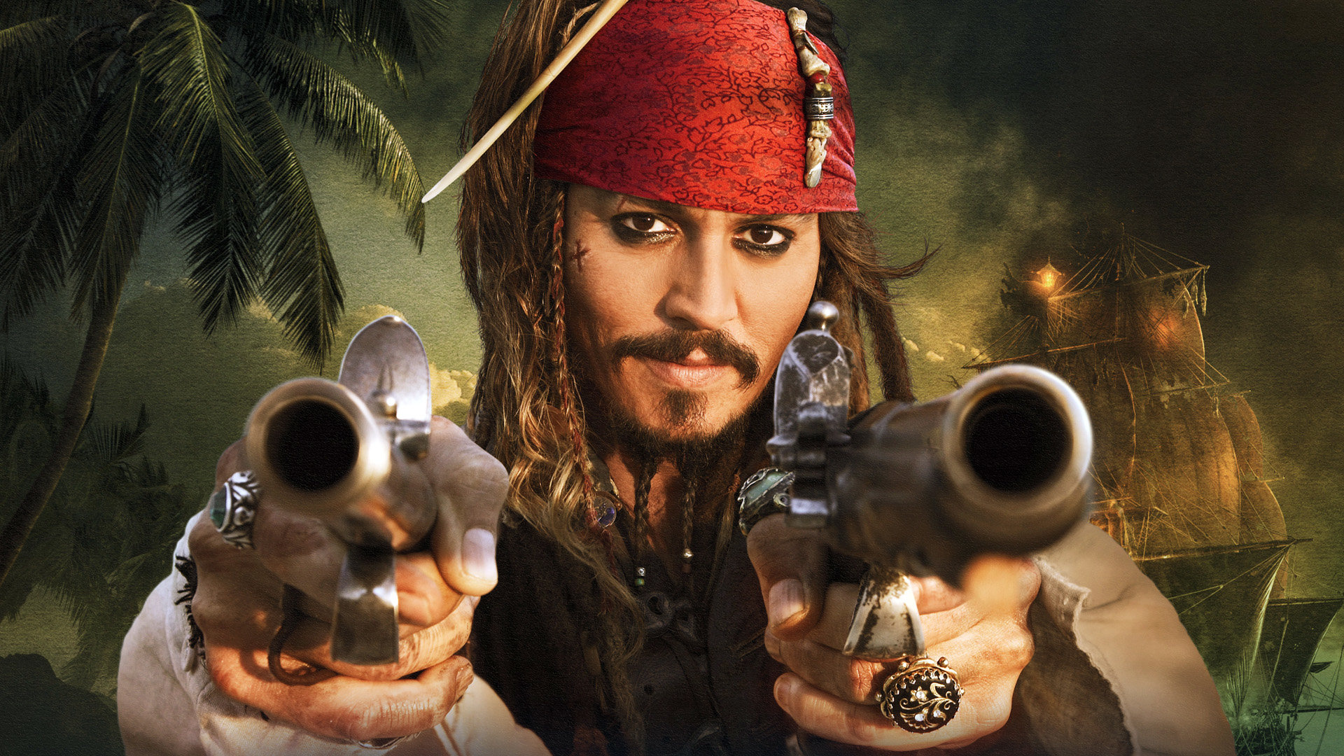 Johnny Depp: Capt. Jack Sparrow in Pirates of the Caribbean: The Curse of the Black Pearl, his first Academy Award nomination. 1920x1080 Full HD Background.