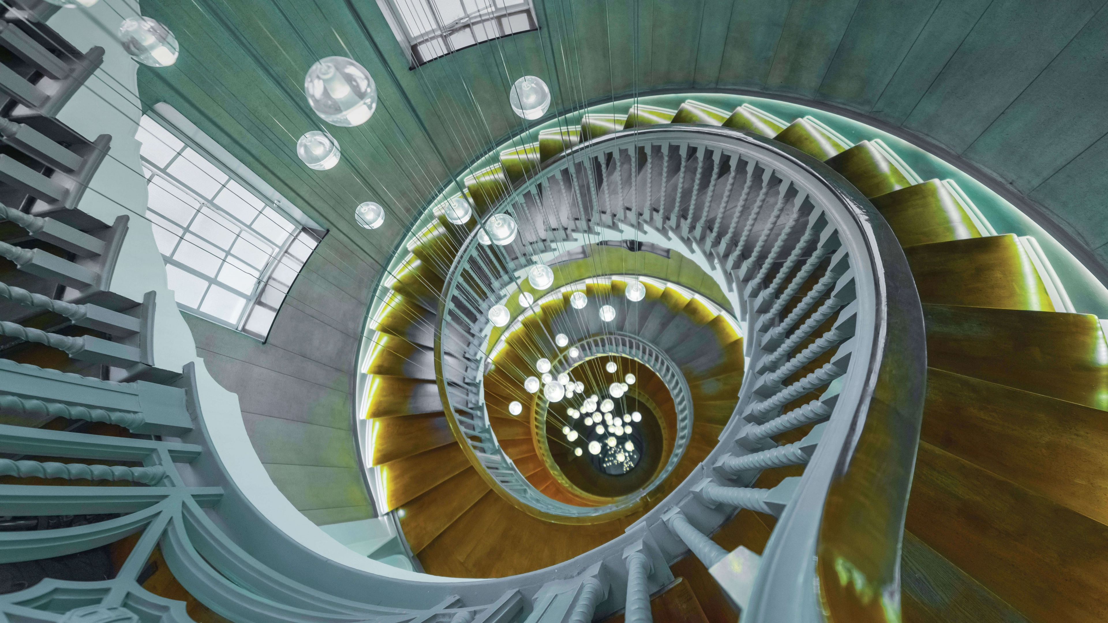 Spiral staircase wallpaper, Chandelier, Wooden stairs, Photography, 3840x2160 4K Desktop