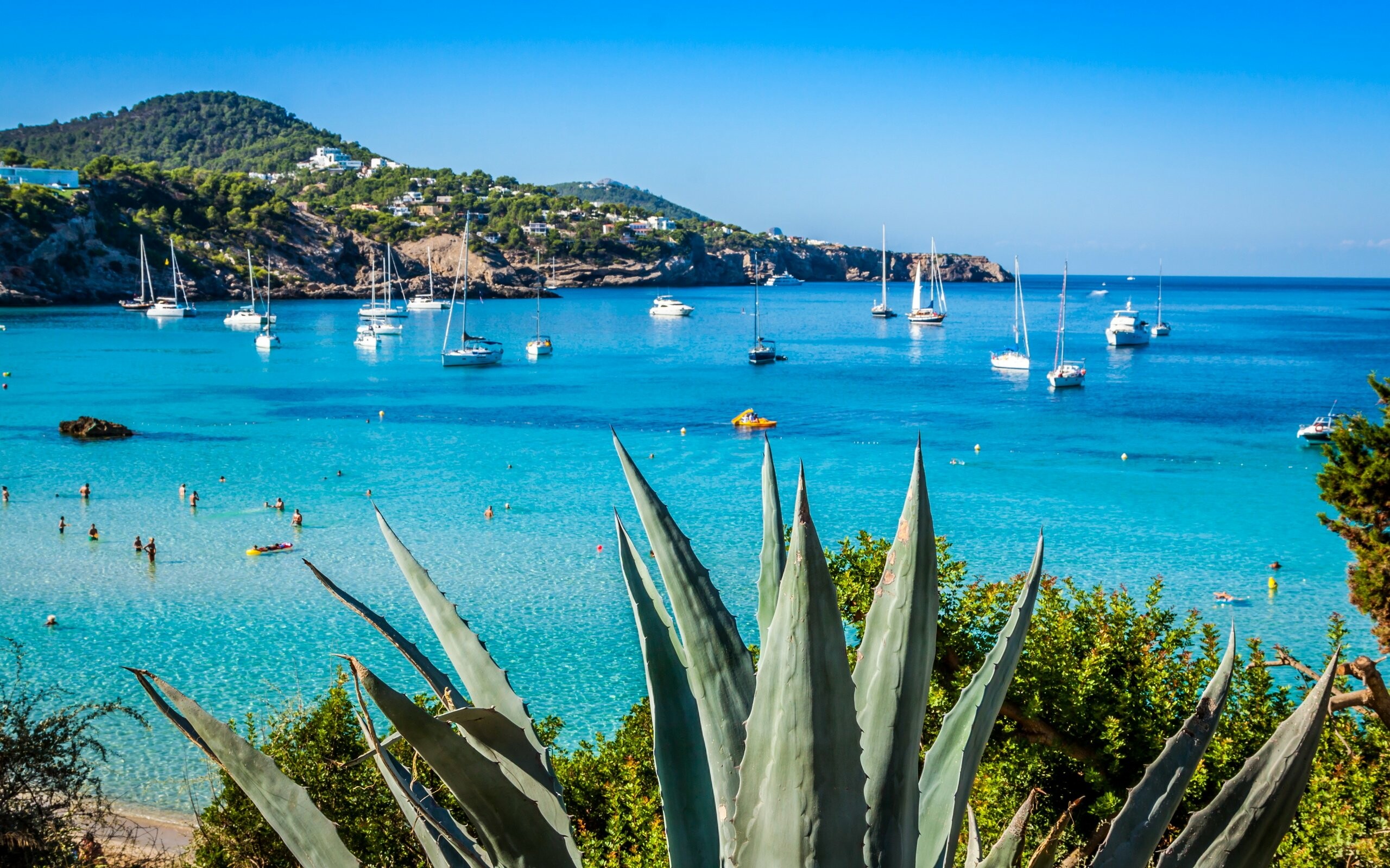 Ibiza: Sea coast, Beach, Yachts, Landscape, Mediterranean Sea. 2560x1600 HD Wallpaper.