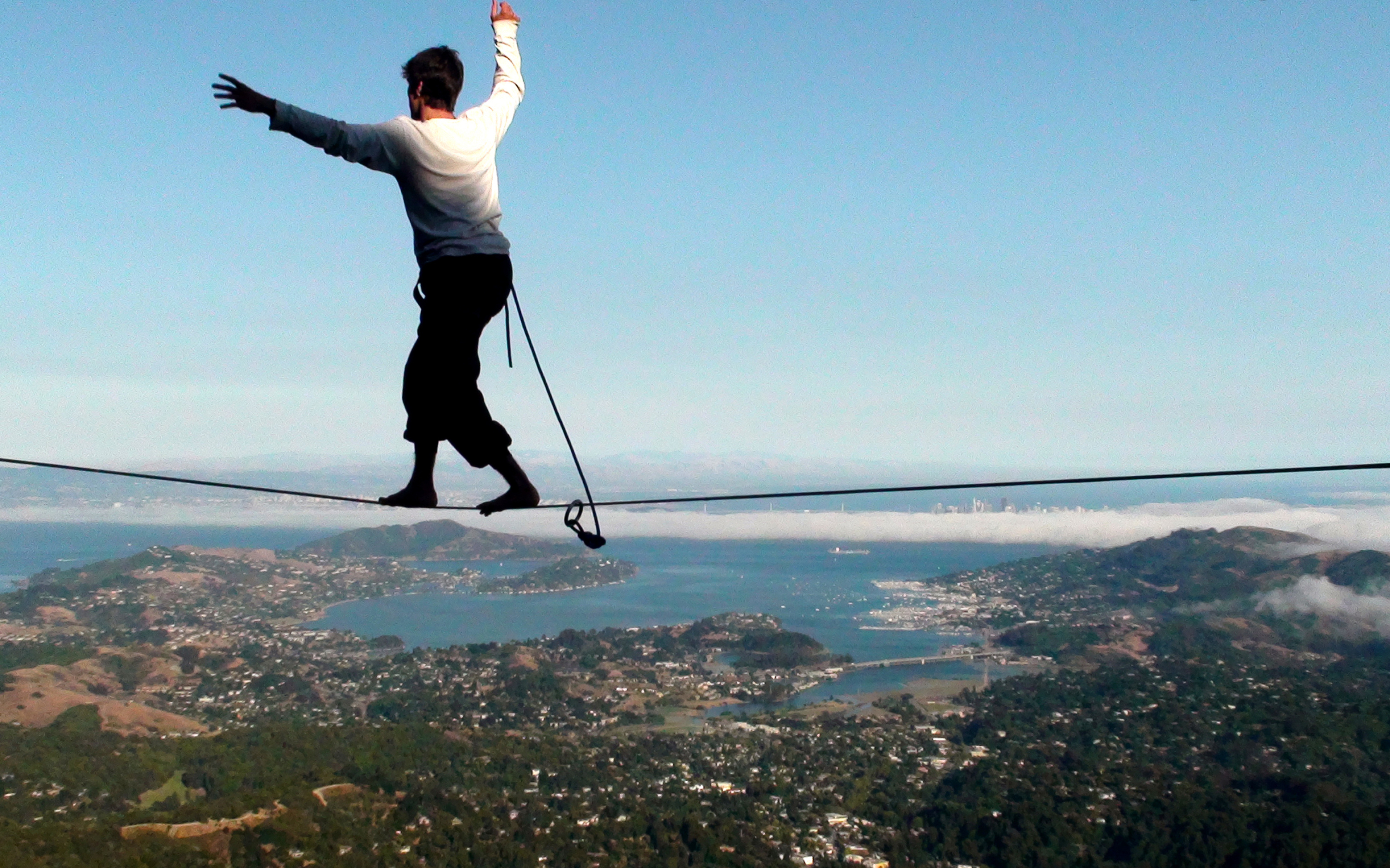 Slacklining: Extreme sports, Thrill-seeking, Protective equipment for highlining. 3360x2100 HD Background.