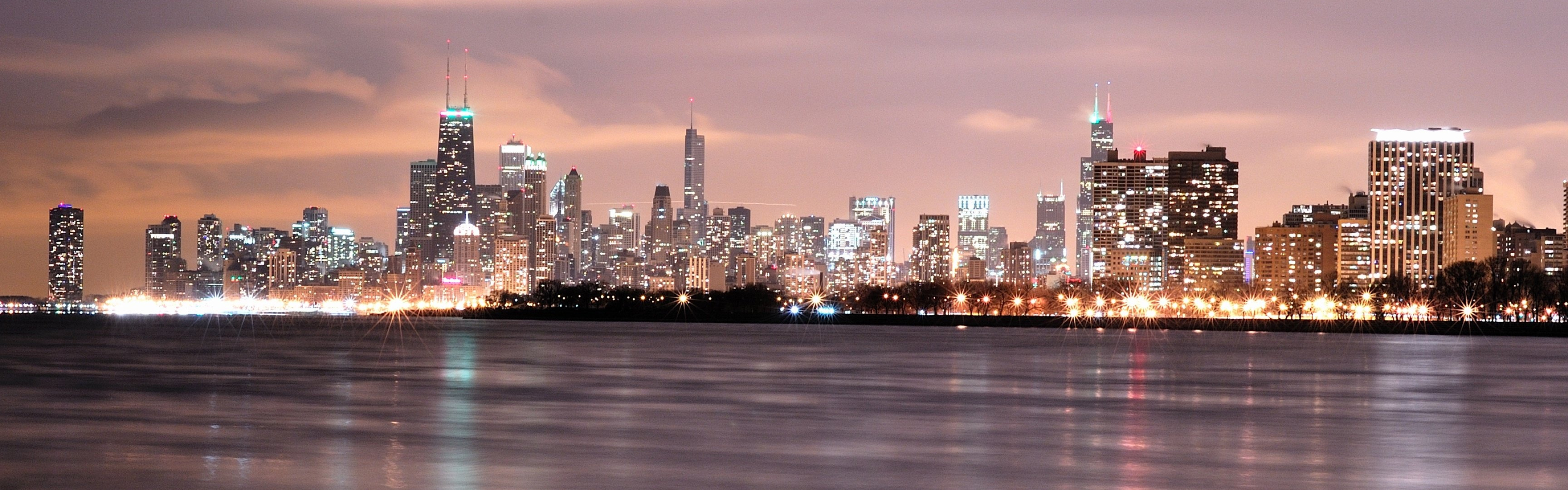 Night Skyline, Travels, Chicago skyline, Ultra HD, 3840x1200 Dual Screen Desktop