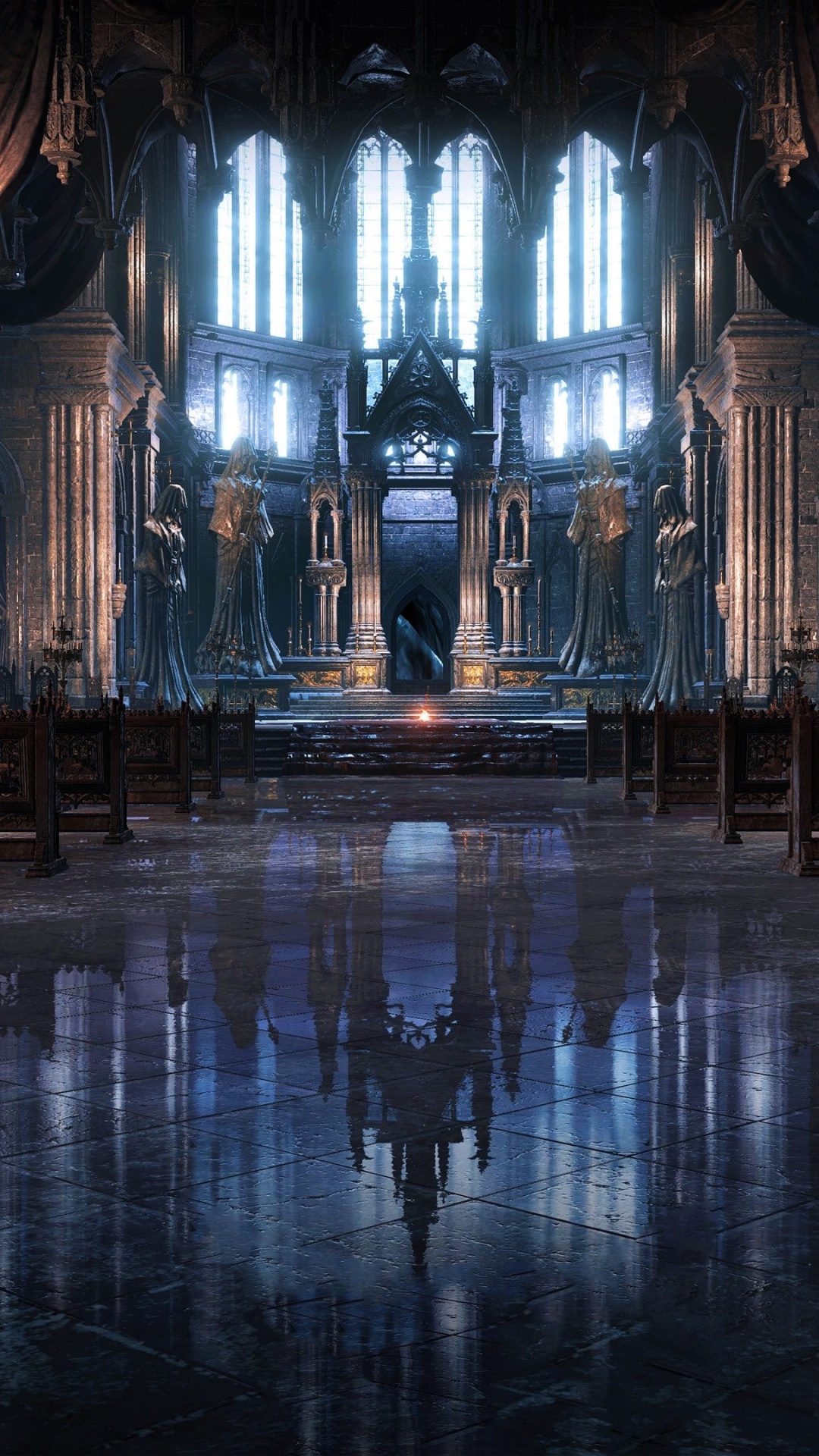 Gothic Architecture: Video game, Dark Souls III, Pointed arches, Cathedral, Interior, Altar, Statues. 1080x1920 Full HD Wallpaper.
