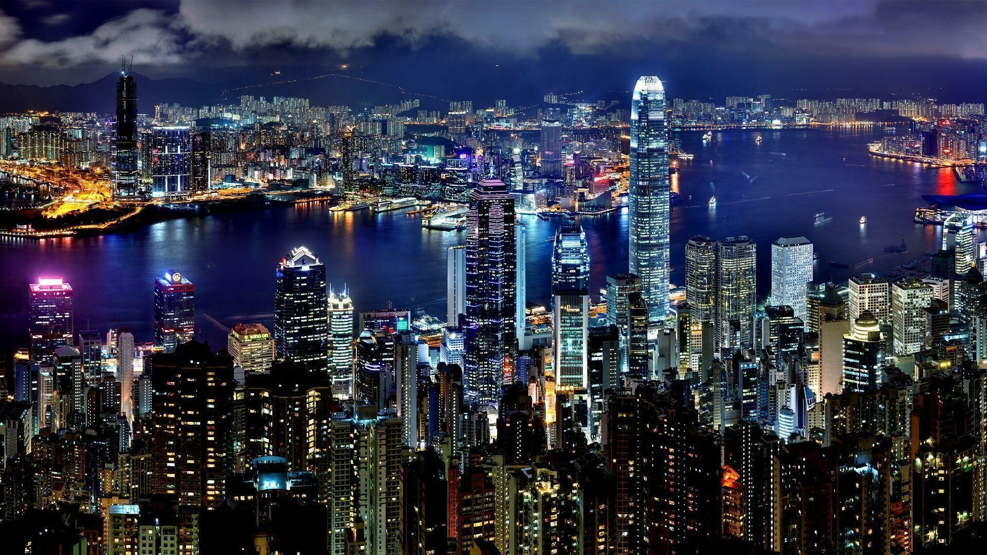 Hong Kong: Asian city, Night lights, Cityline, Victoria. 1920x1080 Full HD Background.