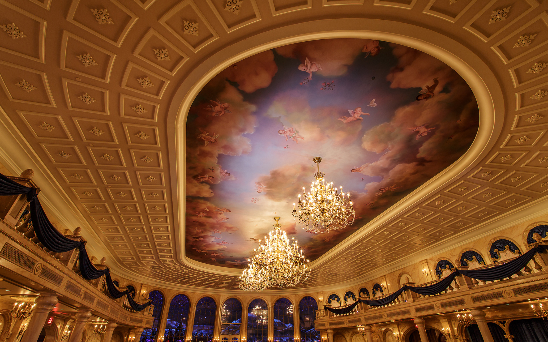 Ballroom chandelier, Angel ceiling, Grand architecture, Opulent wallpaper, 1920x1200 HD Desktop