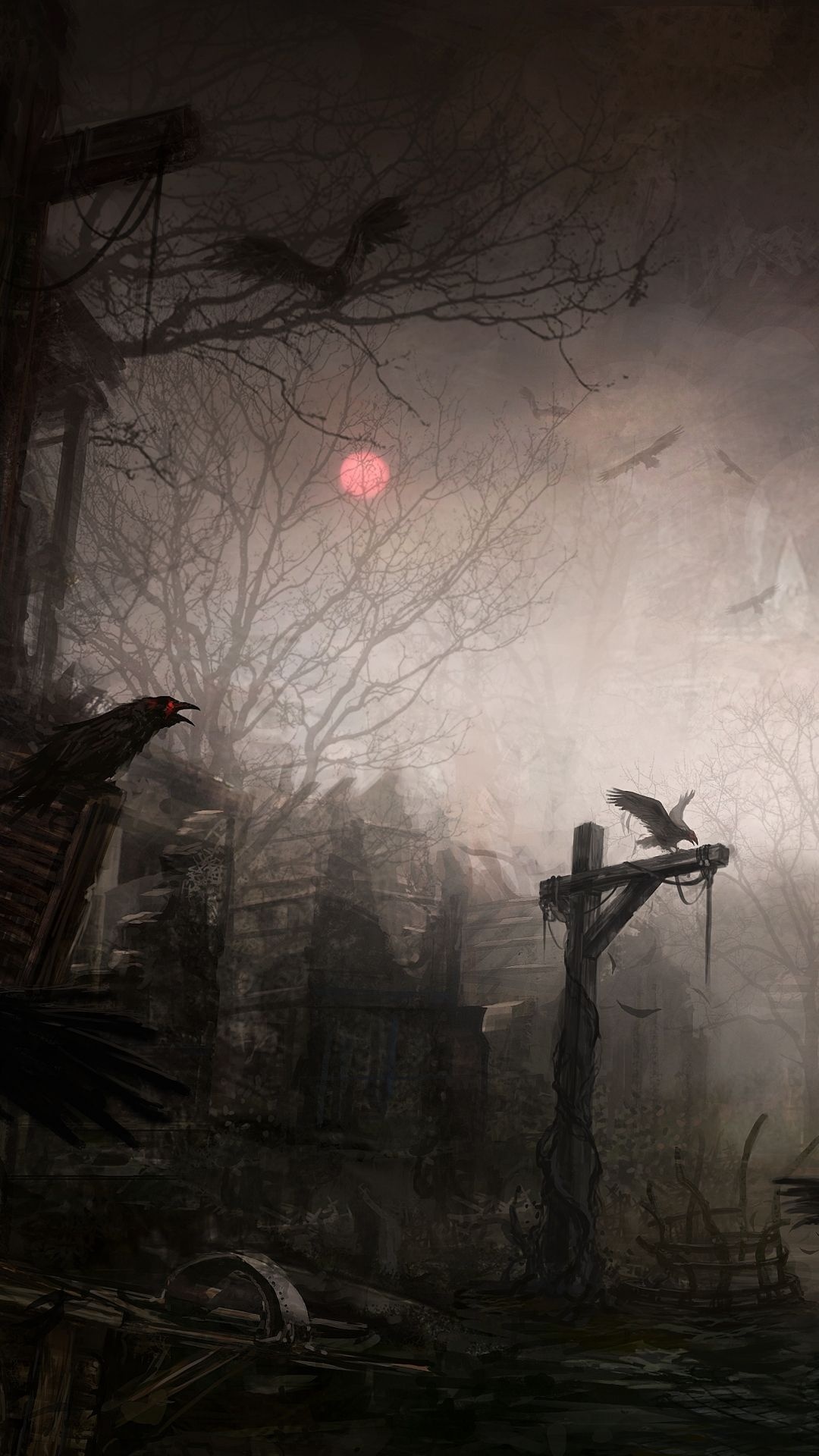 Gothic Art: Raven, Gallows, Diablo III, Wasteland, Crows, Gloom, Ruins, Abandoned location. 1080x1920 Full HD Background.
