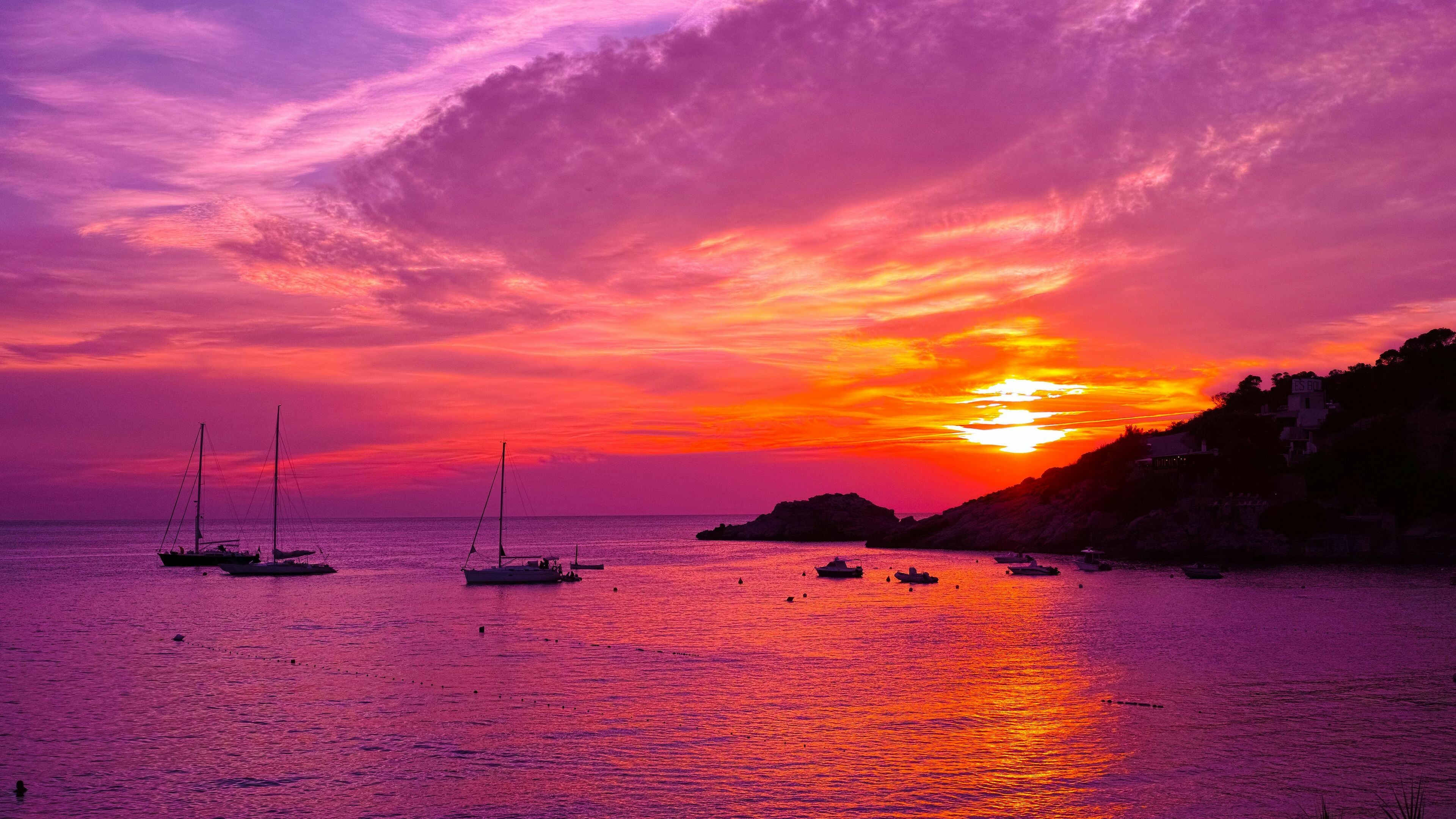 Ibiza: Beach, Ocean sunset, Spain, Watercraft. 3840x2160 4K Background.