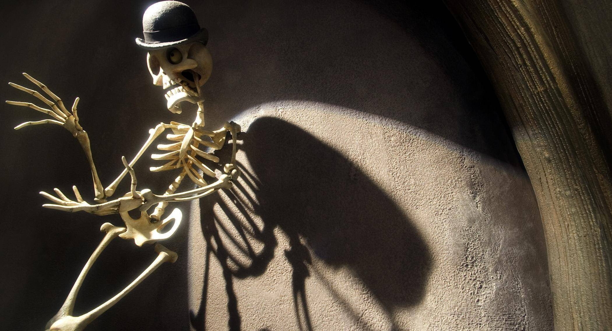 Brown human skeleton, Halloween decoration, Sunlit atmosphere, Hauntingly realistic, 2100x1140 HD Desktop