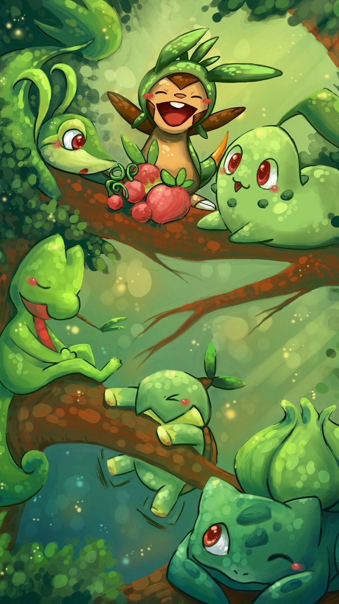 Grass (Pokemon): Bulbasaur, Chikorita, Treecko, Turtwig, Snivy, Chespin, Green, Fan art. 1080x1920 Full HD Wallpaper.