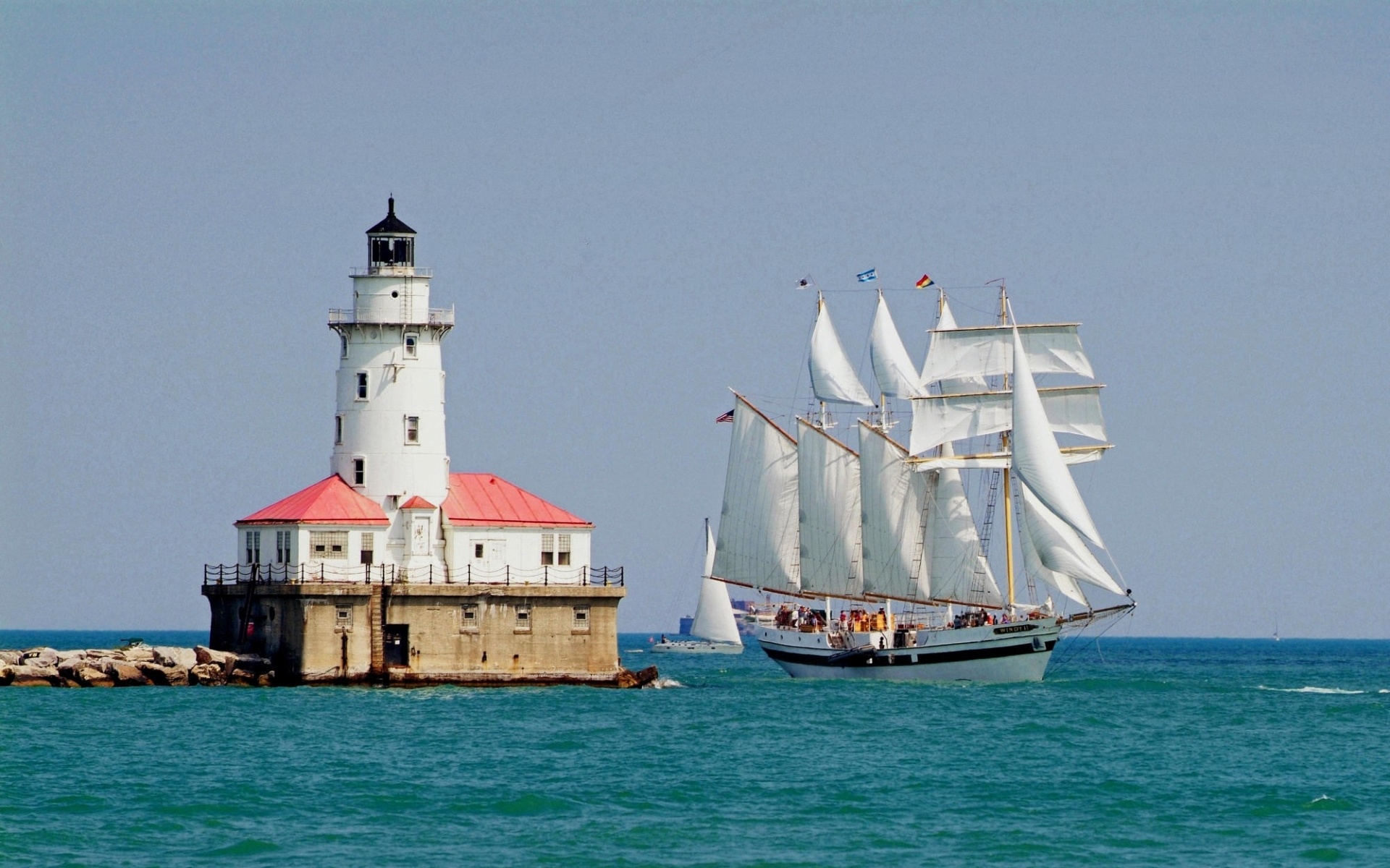 Schooner: Lighthouse, Ship, Sailboat, Ocean, Sea, Windjammer. 1920x1200 HD Wallpaper.