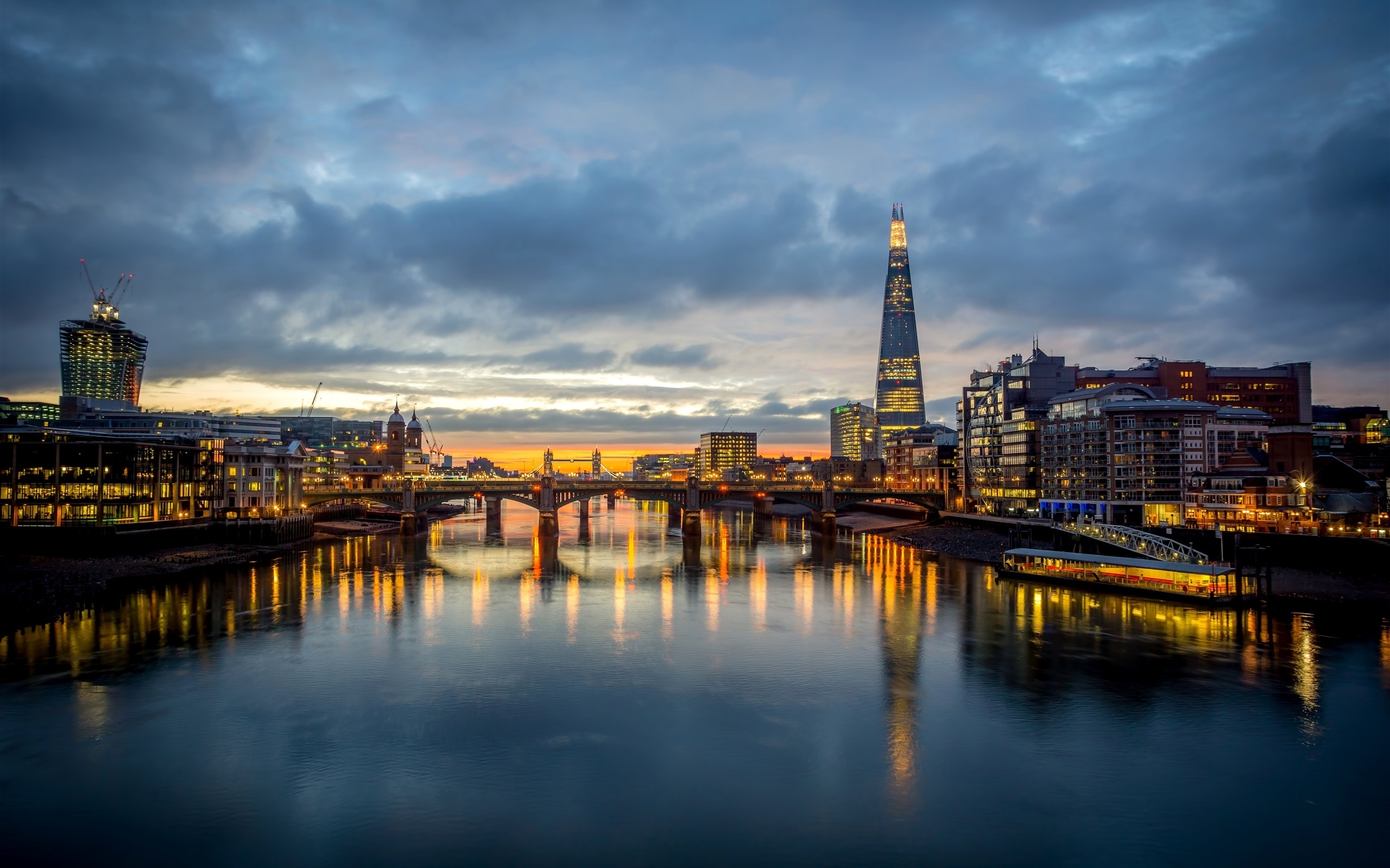 The River Thames, London's Southwark Bridge, Skyscraper lights, Evening beauty, 2560x1600 HD Desktop