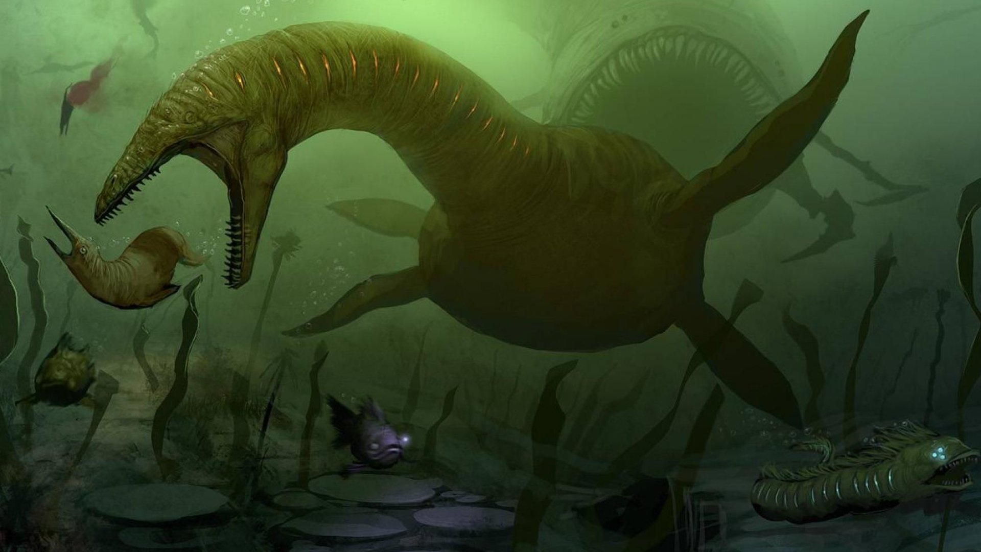 Underwater explorations, Submerged dinosaurs, Halloween theme, Desktop wallpapers, 1920x1080 Full HD Desktop
