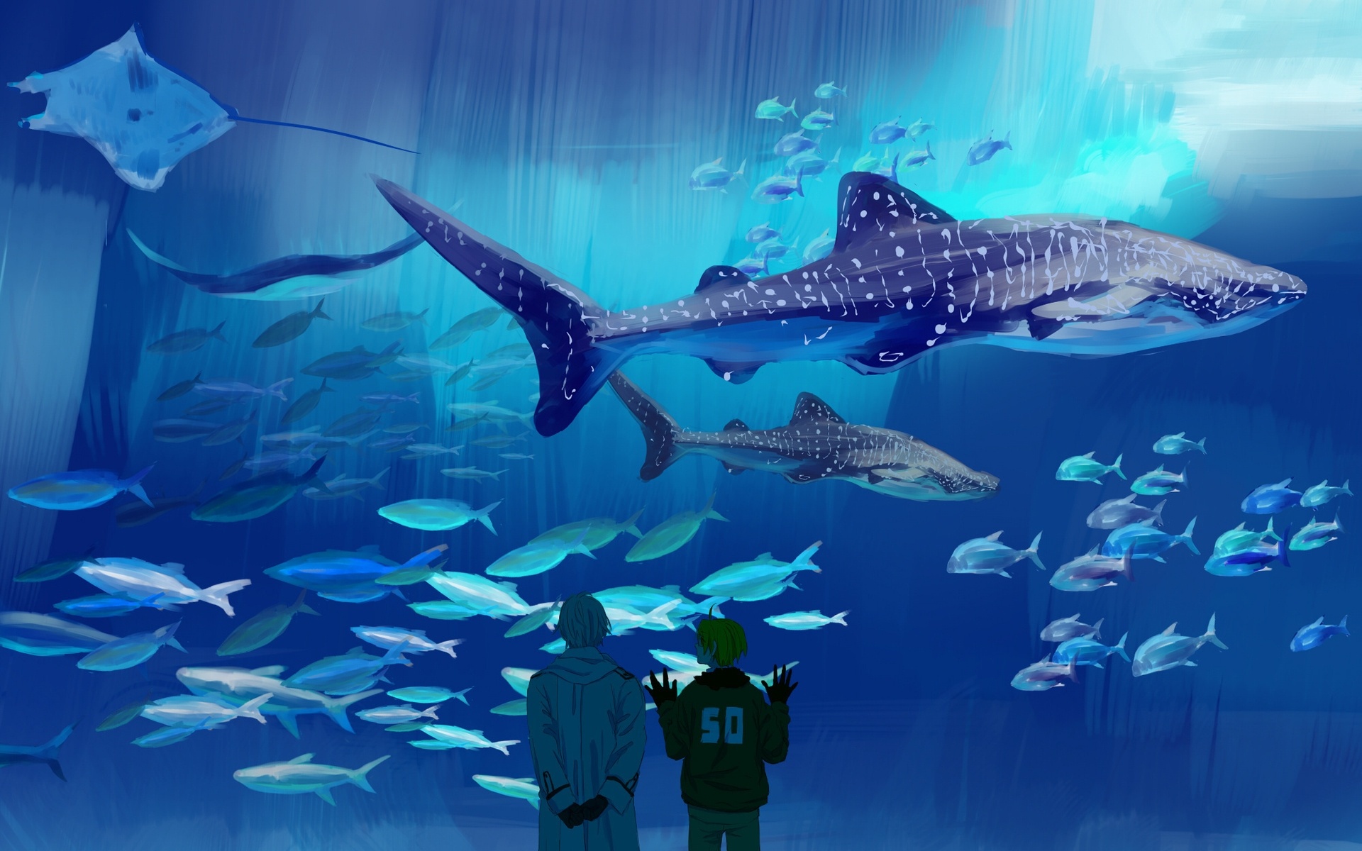 Oceanarium, Anime water, Coral reef fish, Requiem shark, 1920x1200 HD Desktop